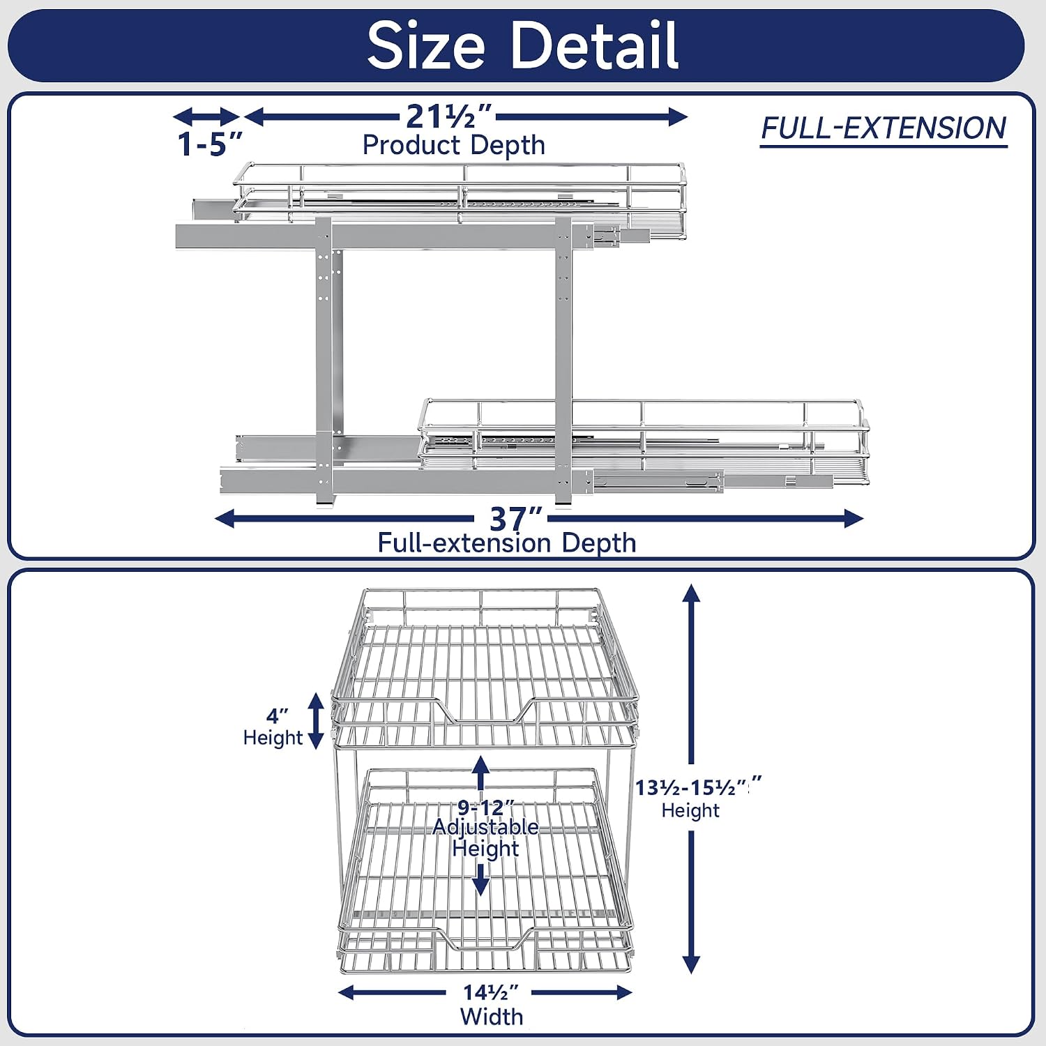 2-Tier Pull Out Cabinet Organizer, 14.5" W x 21.5" D, Heavy Duty Dual Slide Out Shelves for Base Cabinets, Chrome Wire Basket Drawer for Pantry, Kitchen & Bathroom Storage image 2