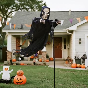 زخارف هيكل عظمي خارجي لعيد الهالوين من LarpGears، حاصد جماجم طائر دوار بطول 7.8 قدم، زخارف فزاعة الأشباح للحديقة والشرفة والفناء