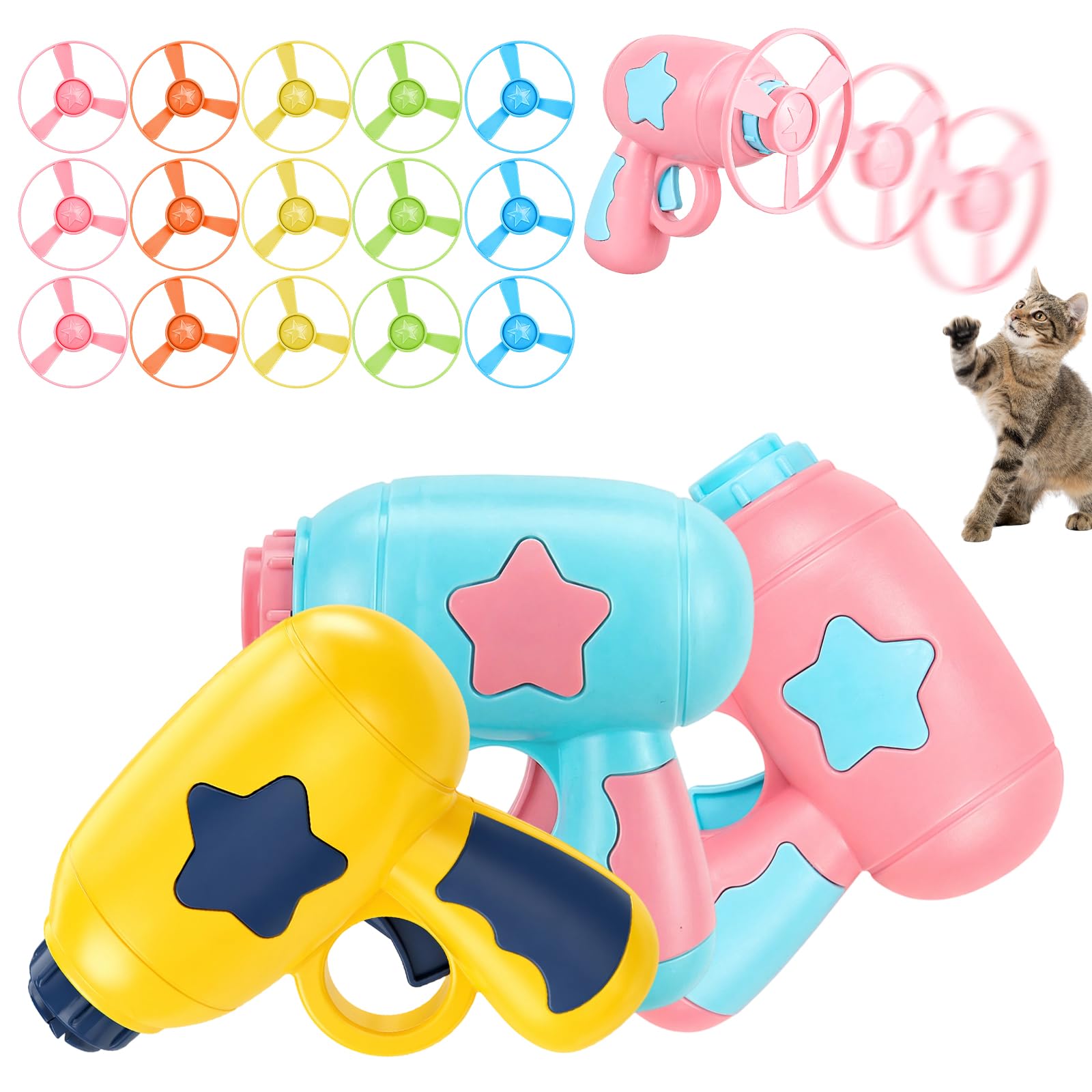 DXPETA Flying Disc Launcher Toy, Outdoor Cat Toys with Shooter and Flying Disc, Interactive Cat Fetch Toy for Chasing Red Discs, Cat Hunting Toy Set with Flying Bird Cat Toy