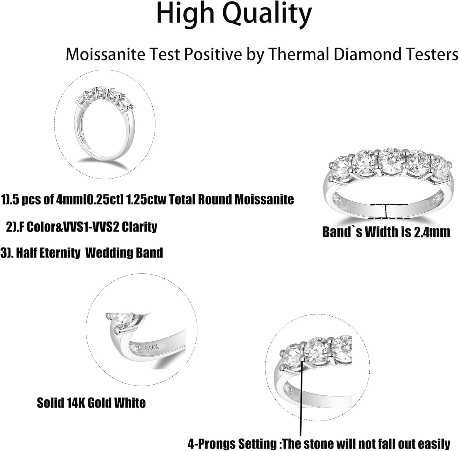 DovEggs Solid 14K White Gold 1.25CTW 4mm F Color Moissanite Engagement Ring Half Eternity Anniversary Wedding Band