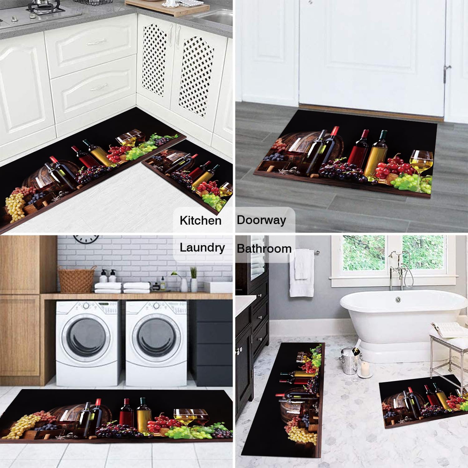 Red Wine Kitchen Decor Rugs Set 2 Piece, Farmhouse Style Home Indoor Kitchen Floor Mats, Absorbent Non Skid Washable Runner Rug 17x47+17x30 Inch