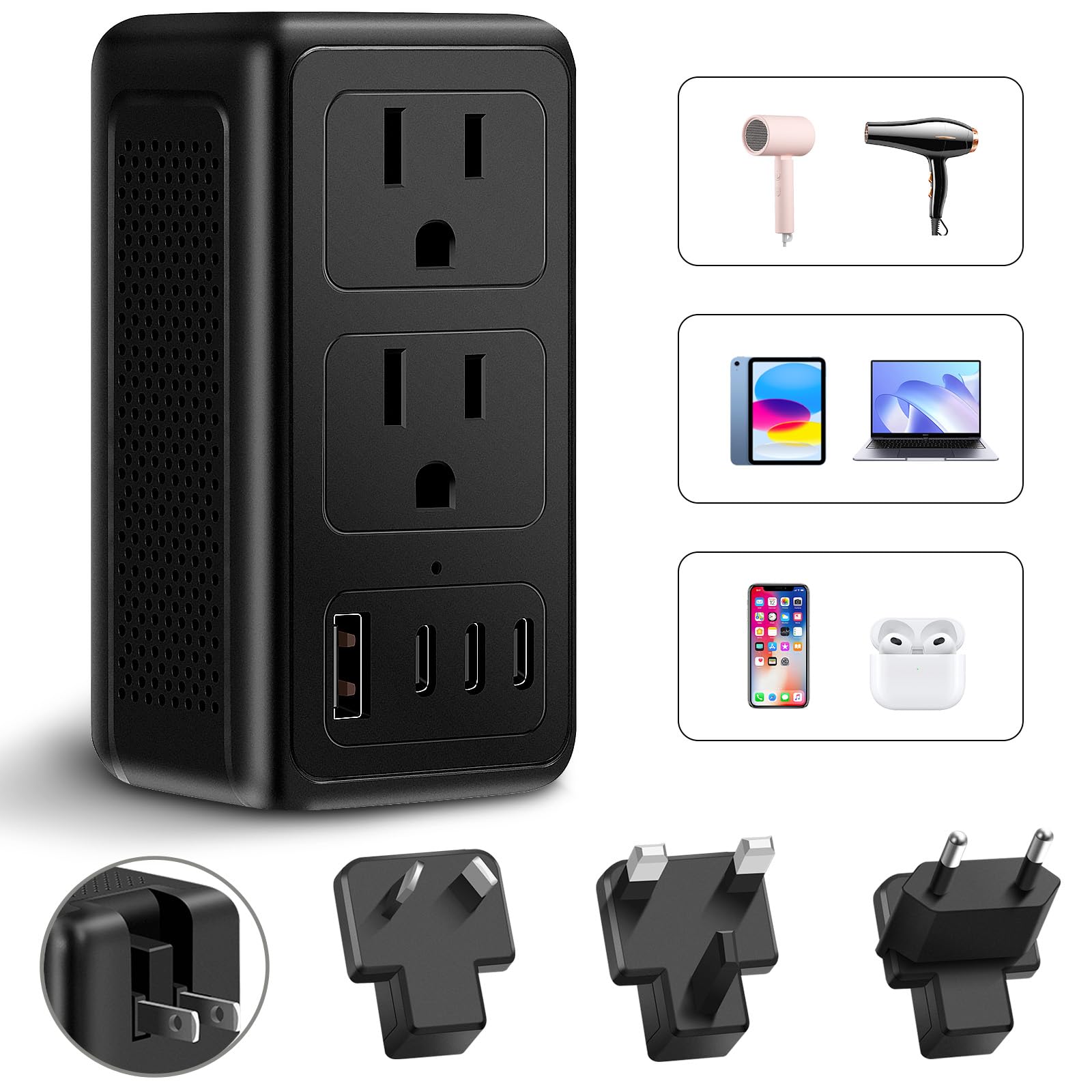 Photo 1 of 220V to 110V Voltage Converter US to Europe for Hair Dryer, Upgrade 2000W Power Converter for European Travel with Type C A G I, International Universal Travel Adapter with 1 USB A & 3 Type C (Black)