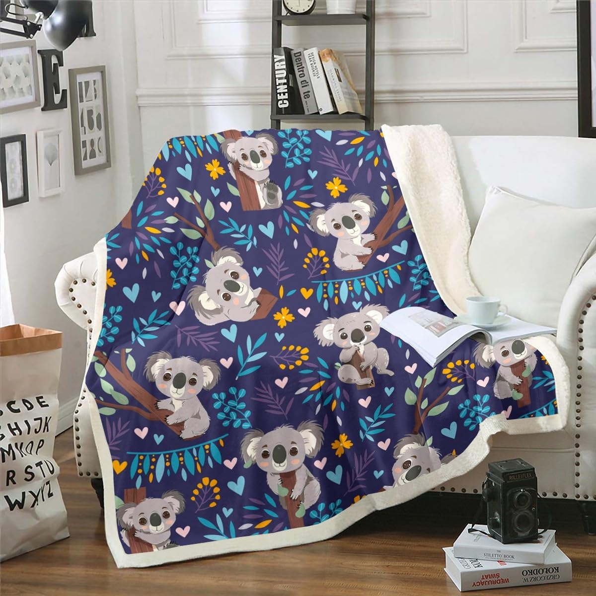 Feelyou Kids Koala Fleece Throw Blanket Twin 60"x80" Cute Koala Sherpa Blanket for Boys Girls Teens Room Decor Cartoon Koala Plush Blanket Women Men Blue Tropical Leaves Fuzzy Blanket