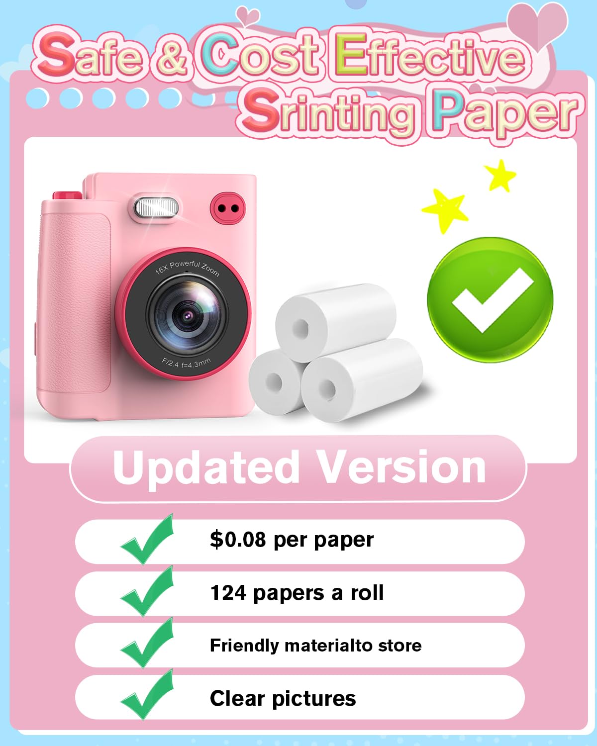 Sofortbildkamera Kinder, 1080P HD Kinderkamera Sofortbildkamera mit 32GB Karte & DruckerPapier, Kinderspielzeug Geburtstag und Weihnachten Geschenke für Jungen/Mädchen 3-12 Jahren (Rosa)