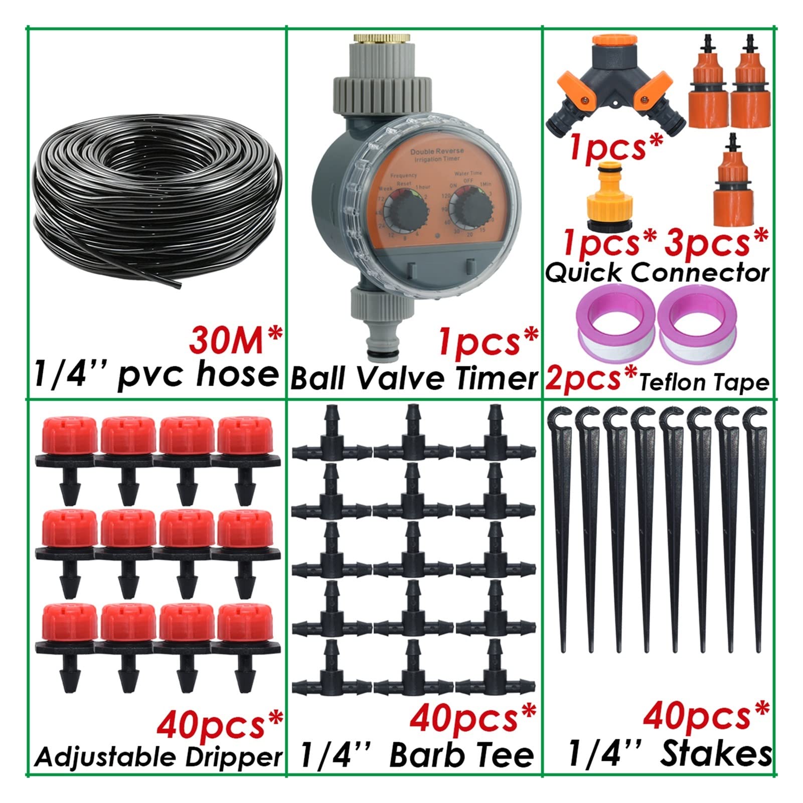 Kit di irrigazione a goccia 30-50M valvola a sfera timer giardino irrigazione automatica accessori balcone kit gocciolamento esterno ugello regolabile (colore: 30M-C)