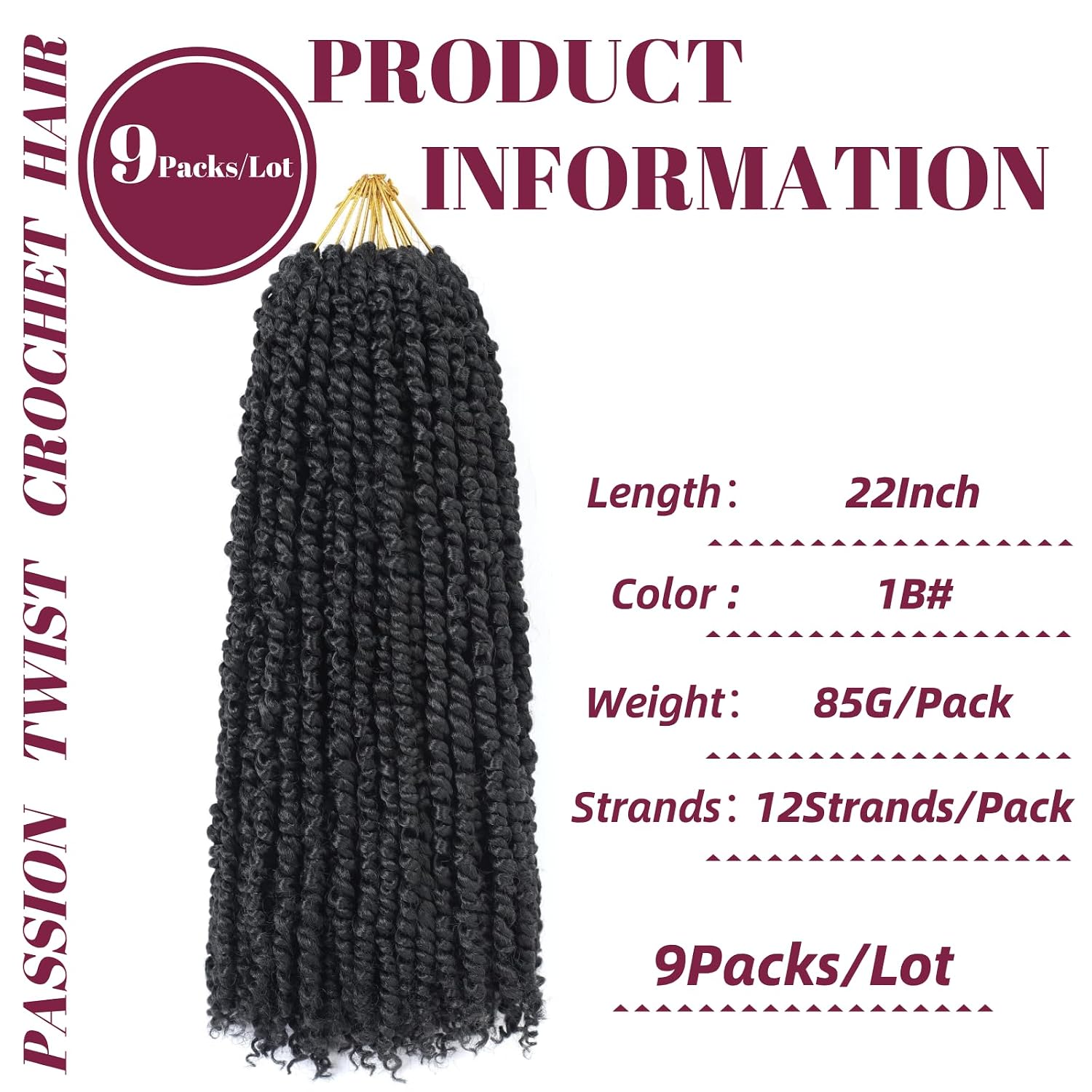 9 Packs Pre-Twisted Passion Twist Crochet Hair,22 Inch Natural Black Crochet Twists Pre Looped Short Passion Twist Crochet Braiding Hair Extensions for Women(22 Inch,1B#)