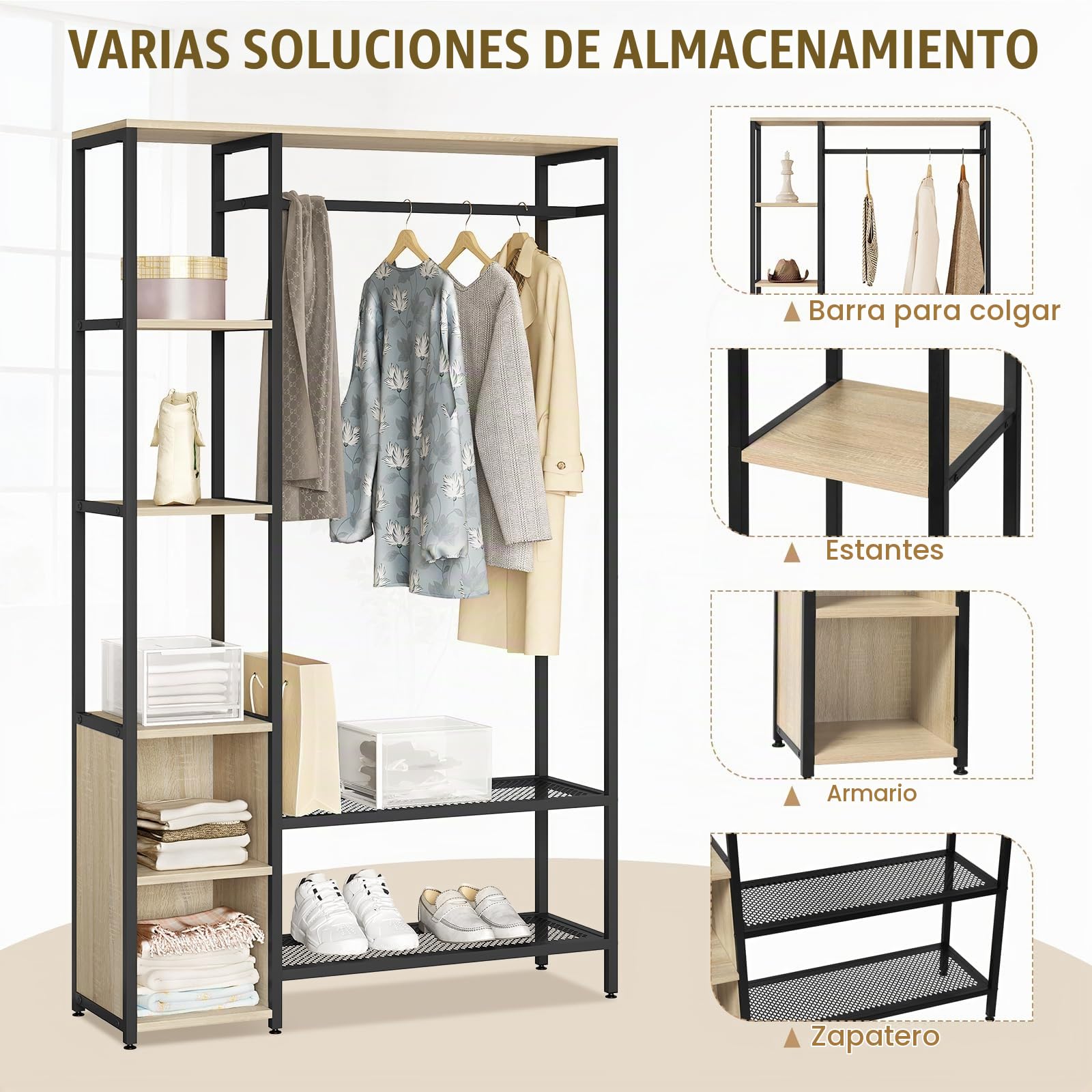eSituro Perchero Ropa con Zapatero, 2 Estantes, 2 Compartimentos Abiertos y Barra de Colgar, para Entrada Recibidor, Madera+Metal, Roble Claro+Negro