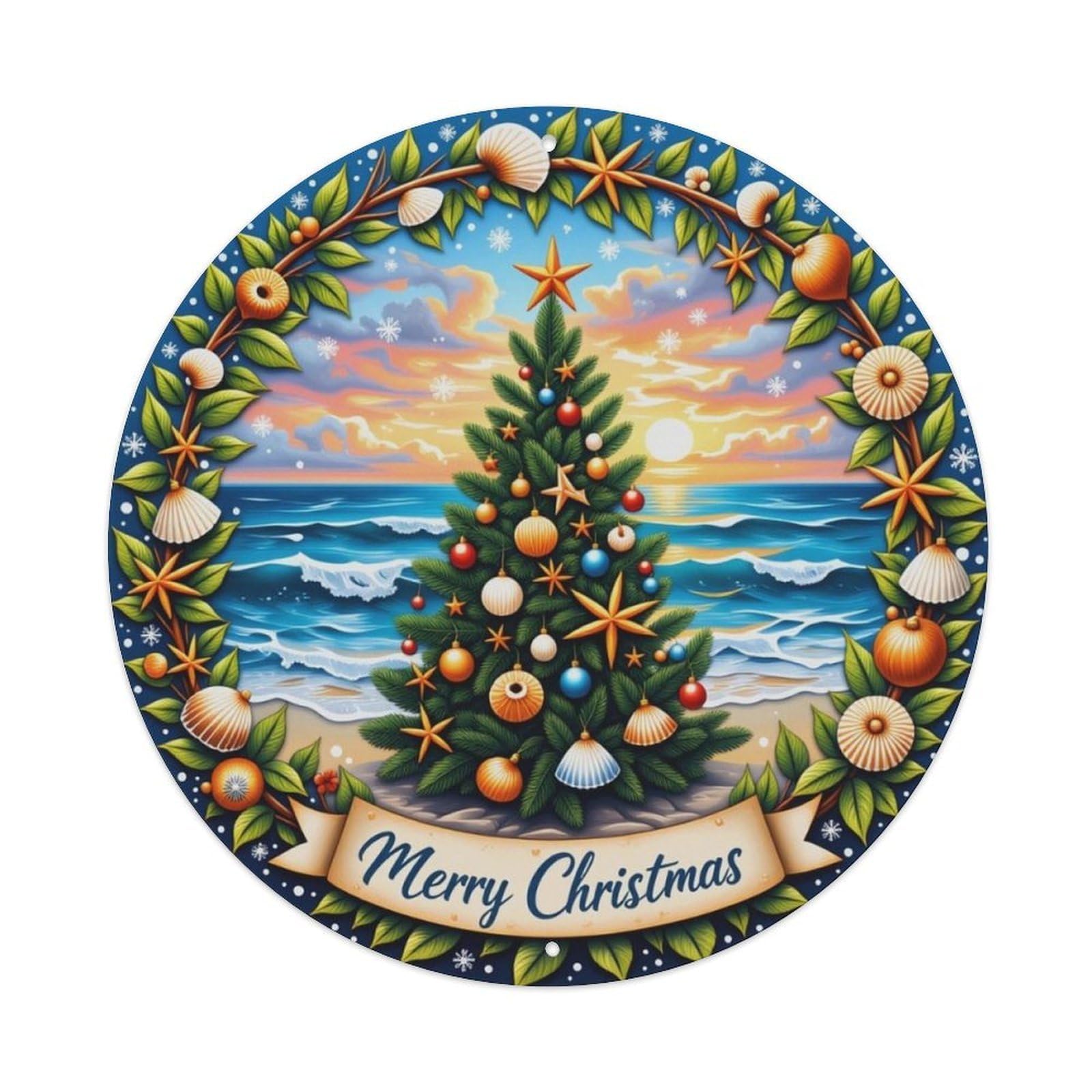 Coastal Seashell Christmas Tree Round Decor Sign Vintage Aluminium Metal Sign, Retro Wall Decor for Home, Bar, Garage & Farmhouse 20x20cm