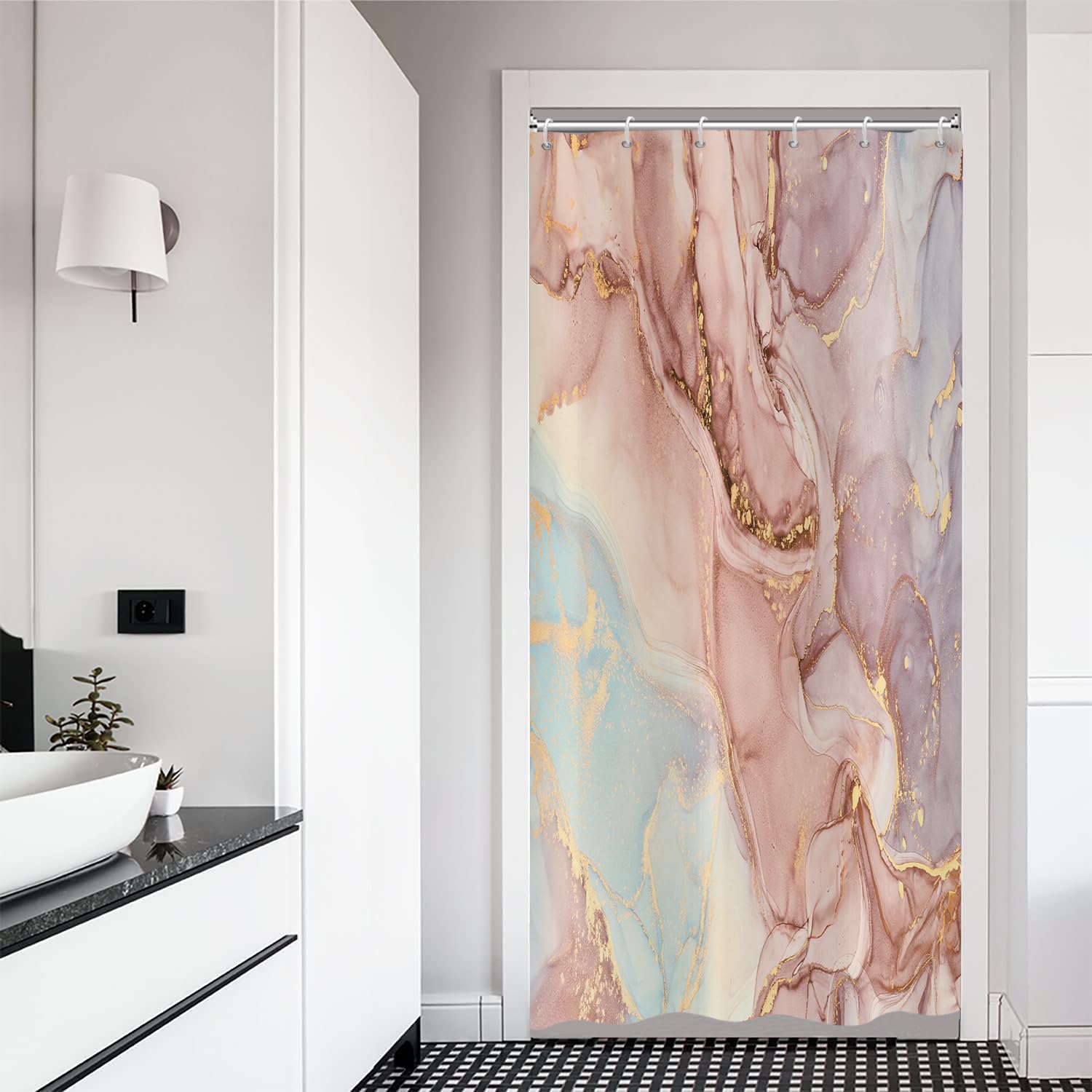 ASDCXZ Shower Curtain Marble 90x180 cm, Modern Abstract Gold Orange Purple Marble Optic Texture Washable Fabric Shower Curtains Polyester Textile Waterproof Shower Curtain for Bathtub with 6 Hooks