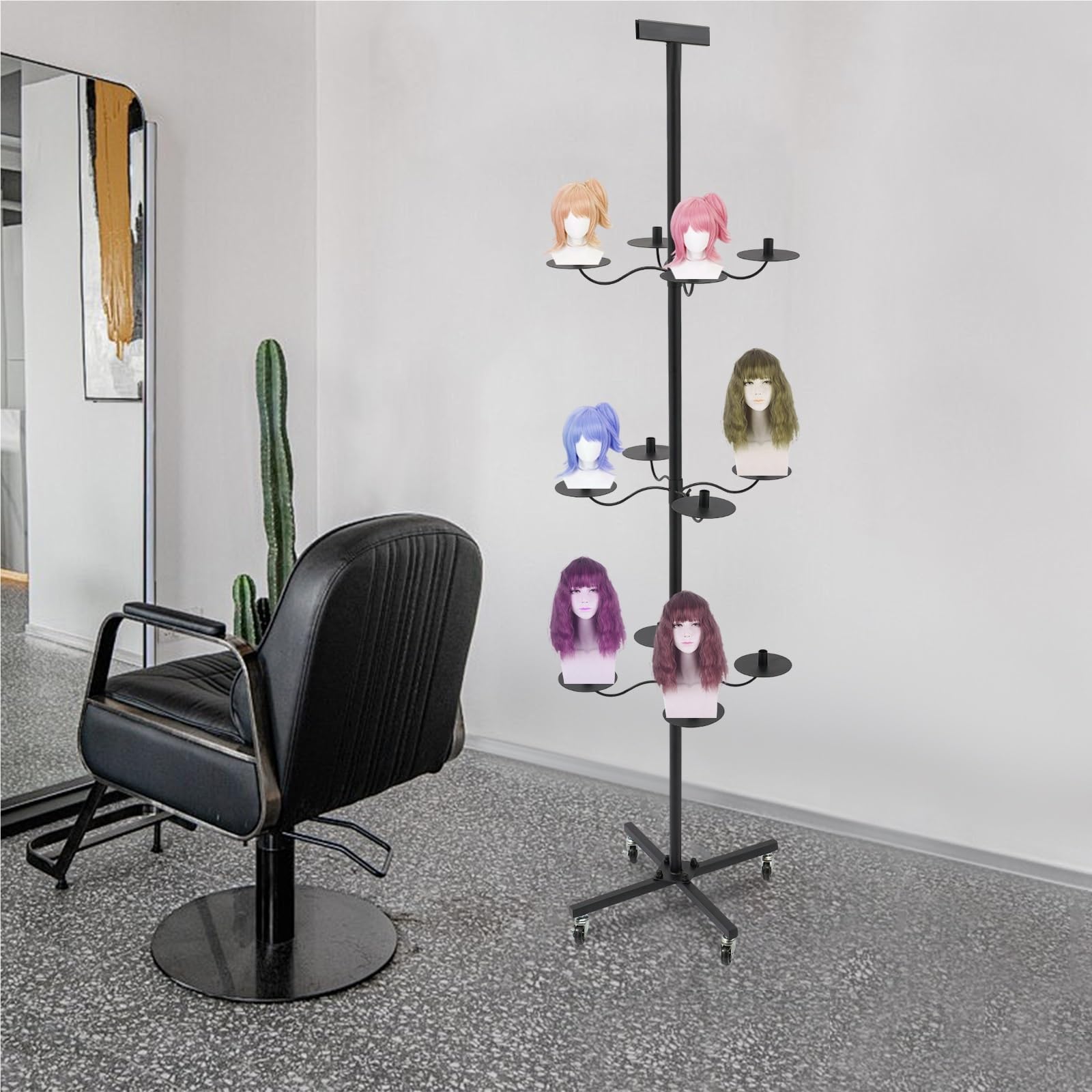 Regulowany stojak na perukę z kółkami i hamulcami, mobilny stojak na perukę, regulowany stojak na perukę (Black Round Base)