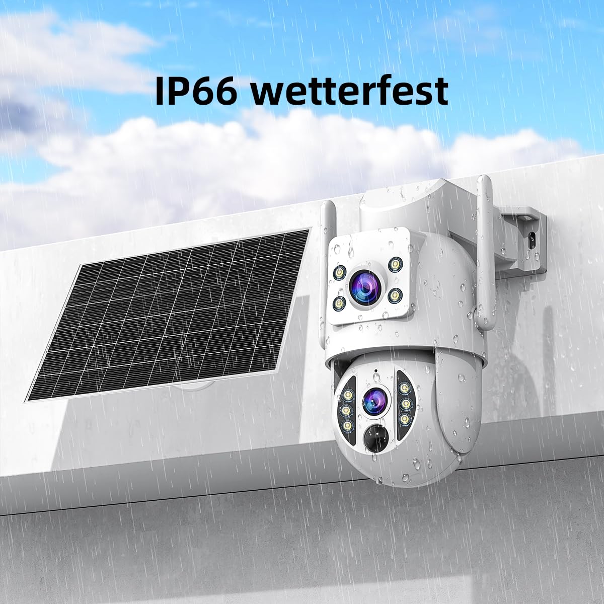 JOOAN 2Kx2 HD Überwachungskamera Aussen Solar, Doppelkamera 360° PTZ Überwachungskamera Aussen Akku, 2.4GHz WLAN Kamera mit PIR Bewegungsmelder,Farb-Nachtsicht, 2-Wege-Audio, Notrufe notiert,IP66