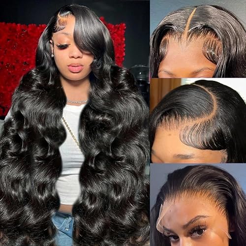 Yamikk 13x6 Body Wave Lace Front Wigs Human Hair Pre Plucked Pre Bleached | 180 Density Soft Human Hair Wigs For Women 28 Inch HD Lace Frontal Wig With Baby Hair Natural Black