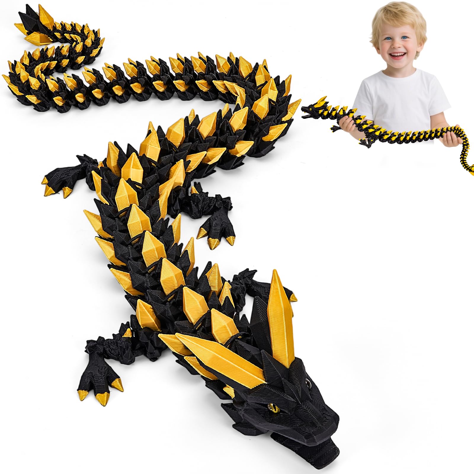 3D Printed Dragon Toys with Eyes, Bendable and Flexible Big Fidget, 24 inches Dazzling Gradient Crystal Wyrm, Articulated Gem Serpent Figure for Home Decor (Mystical Black-Gold Dragon)