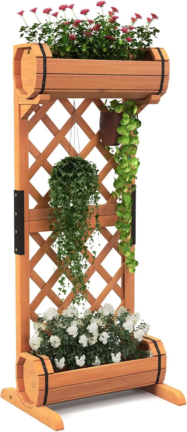 Giantex Raised Garden Bed with 2 Barrel Planters & Trellis, 2-Tier Freestanding Wooden Raised Bed for Vine Vegetable Flower Fruit, Indoor Outdoor Plant Box for Garden Yard Balcony 18" Lx14 Wx44.5 H
