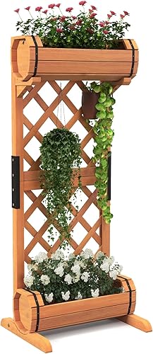 Giantex Cama de jardín elevada con 2 macetas de barril y enrejado, cama elevada de madera independiente de 2 niveles para vid, verduras, flores,