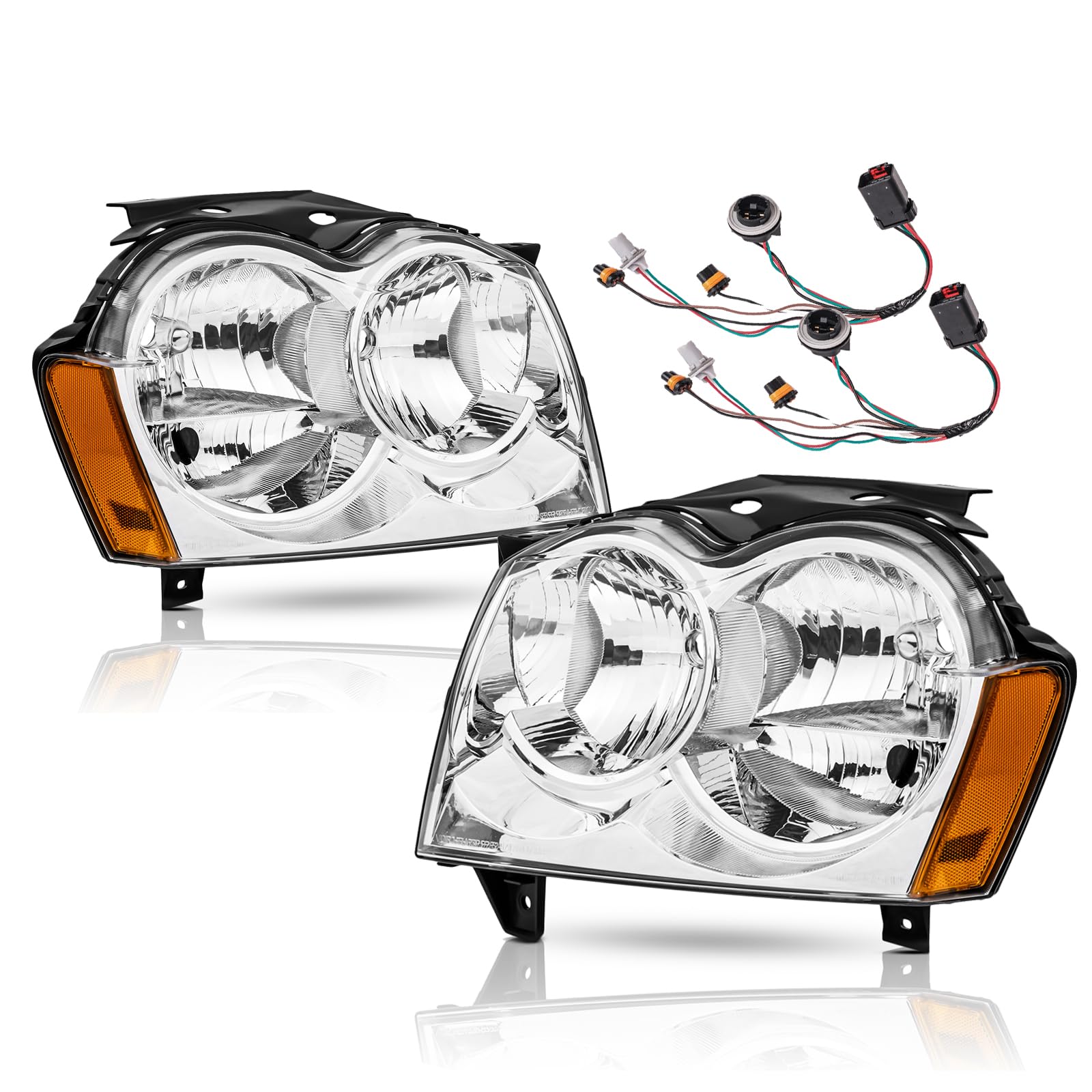 Headlights Assembly Compatible With 2005 2006 2007 Jeep Grand Cherokee Halogen Headlamp Driver & Passenger Side w/Wiring Harness, Chrome