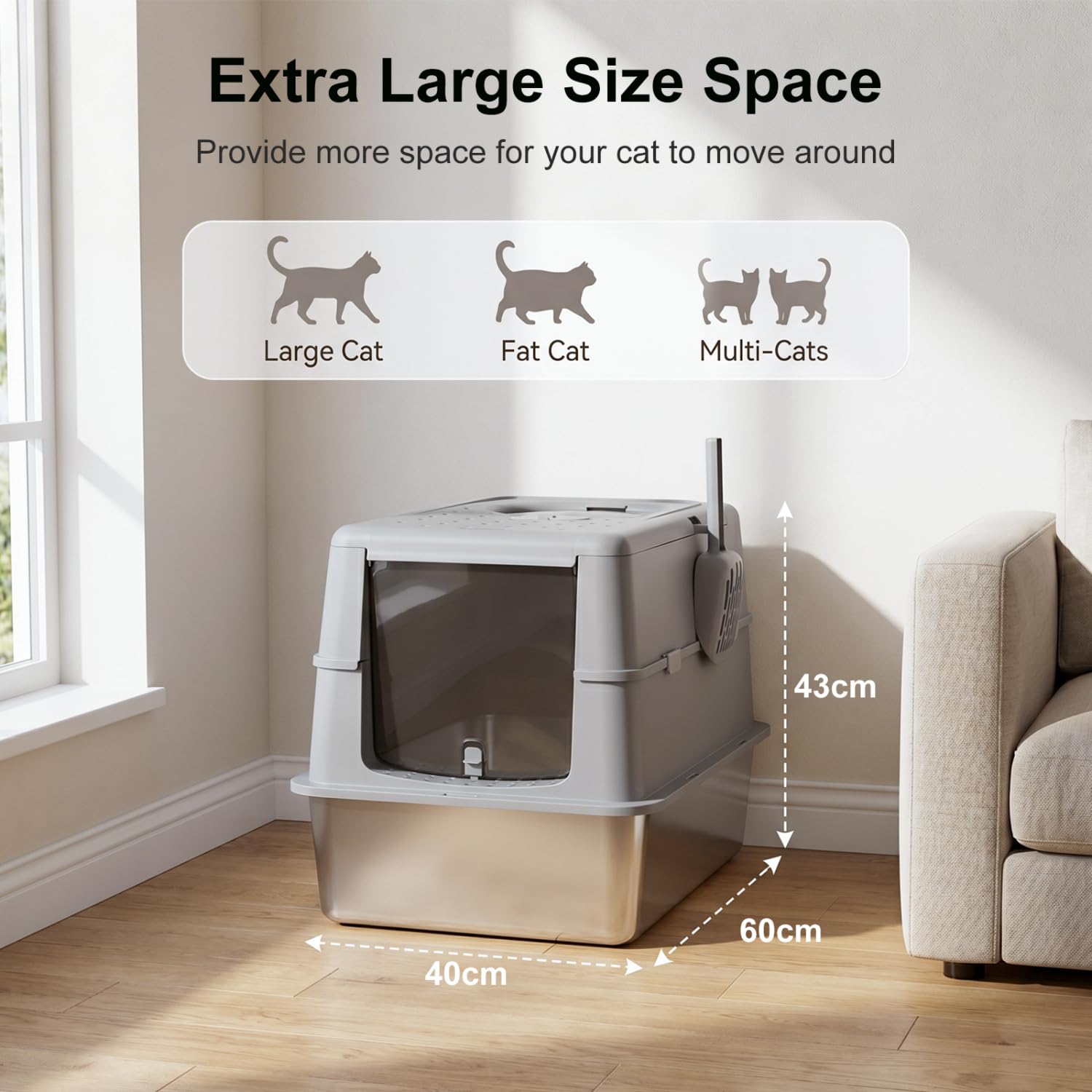 Nobleza Arenero de Acero Inoxidable para Gatos Cerrado - Caja de Arena Anti-Olores con Tapa Abatible 120°, Doble Entrada y Sistema Antifugas, 60x40x43cm, Incluye Pala de Limpieza |
