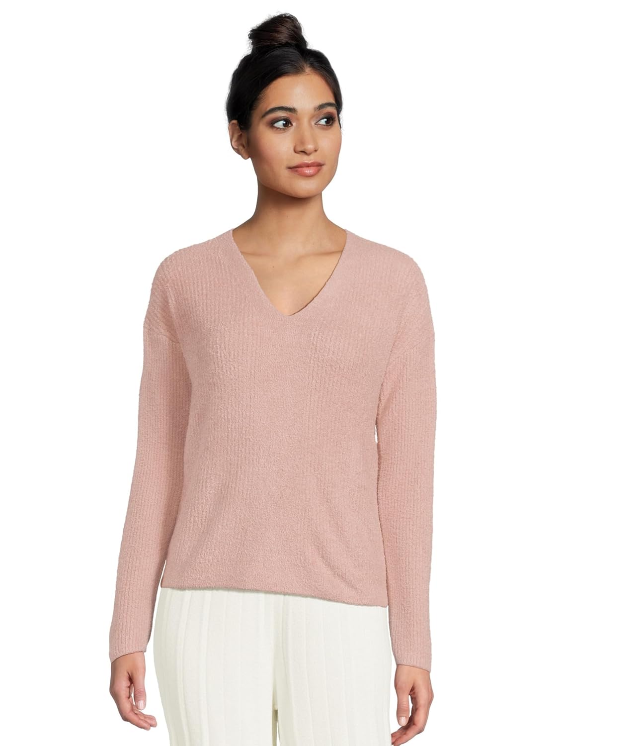 Barefoot Dreams Womens CozyChic Lite Ribbed V Pullover with Back Tie