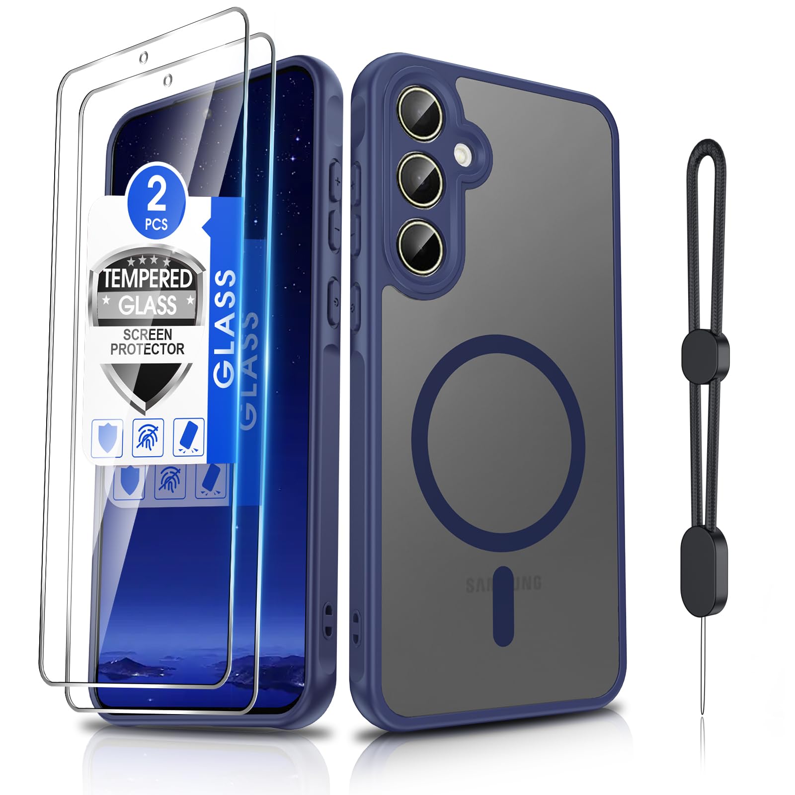 Dizn Magnetic Case for Samsung Galaxy A35 5G Case:with [2 Tempered Glass],Compatible with MagSafe Wireless Charging,Hand Strap,Matte Translucent Shockproof,Phone Cover for Samsung Galaxy A 35,Blue