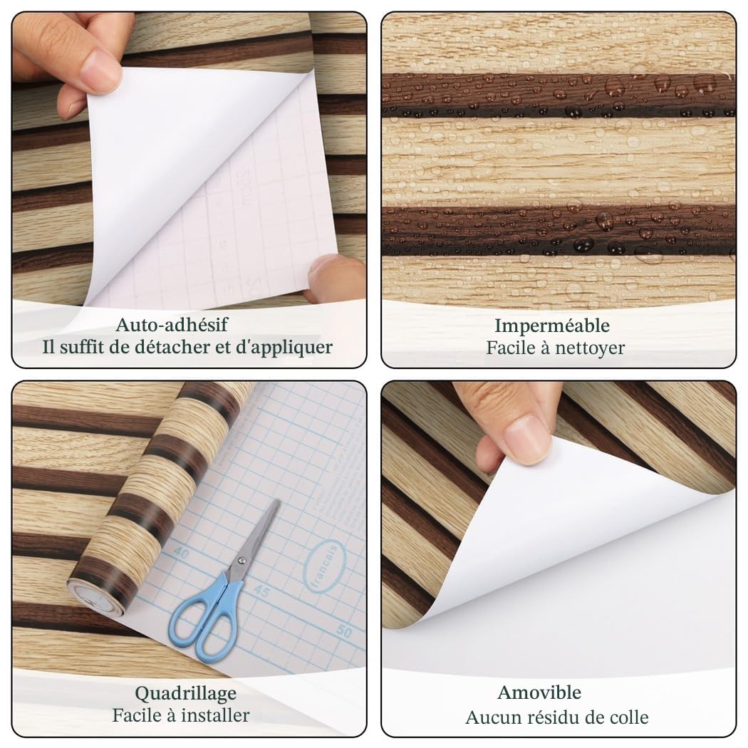 Arthome Papier Peint Moderne aspect bois 44cmx3m Auto Adhesif Panneaux muraux en bois Amovible Vinyle