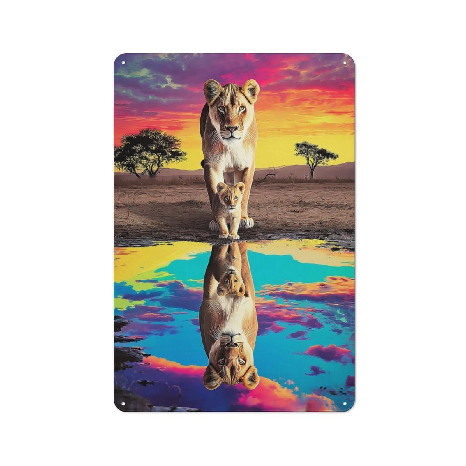 Junmoney Lioness And Cub Reflection In Waterhole Metal Wall Art Sign 30X20cm, Modern Retro Urban Room Decor For Modern Home, Workshop, Office Or Cafe