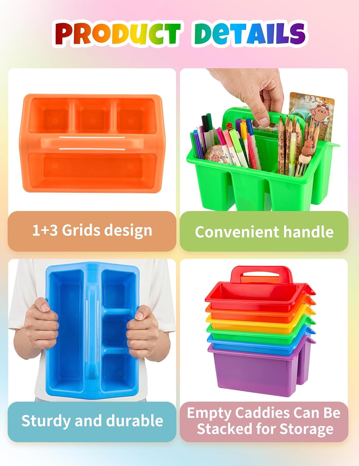 6 Pack Classroom Caddy Organizer with Handle, Table Caddy Classroom | 4 Compartments, 9×6.3×6.7 inches, Thick Durable PP Plastic, Built-in Handle, Stackable Design, for Classroom Desk Office Home thumbnail