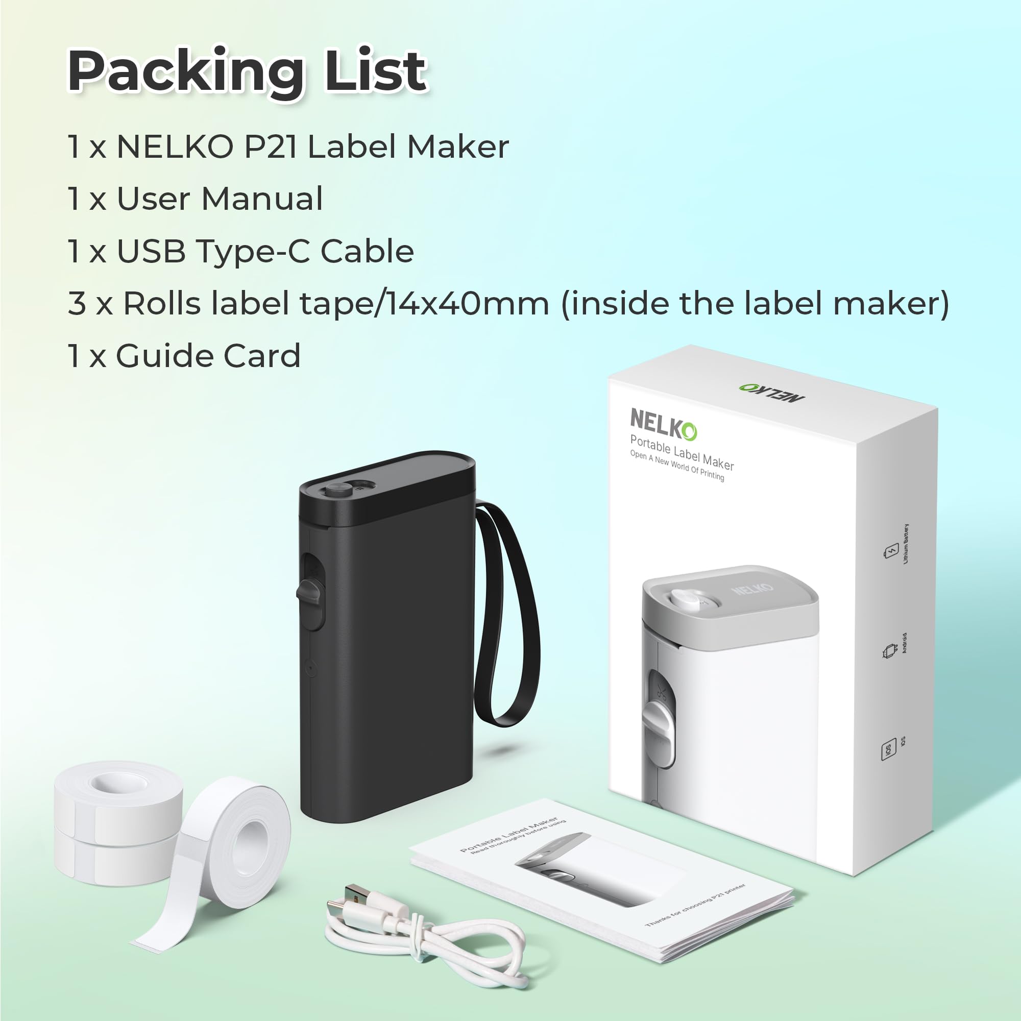 Nelko Etikettendrucker, Kabelloses Tragbares Bluetooth P21 Etikettiergerät mit 3 Rollen selbstklebenden Aufklebern, Mini Label Printer beschriftungsgerät für iOS & Android, Ideal für Zuhause, Schwarz