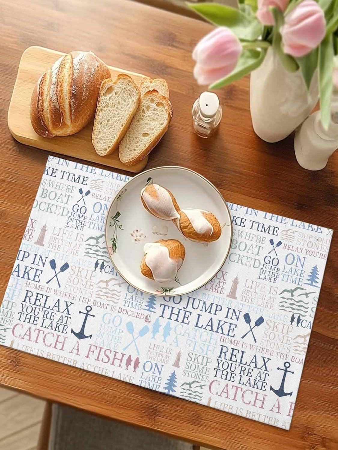 Lake Life Placemats 6 pcs 18"x12" Washable Non-Slip Heat-Resistant Table Place Mats for Kitchen Dining Table Decoration, Colorful Word Pine Tree Boat Paddle Lighthouse Fish Pattern