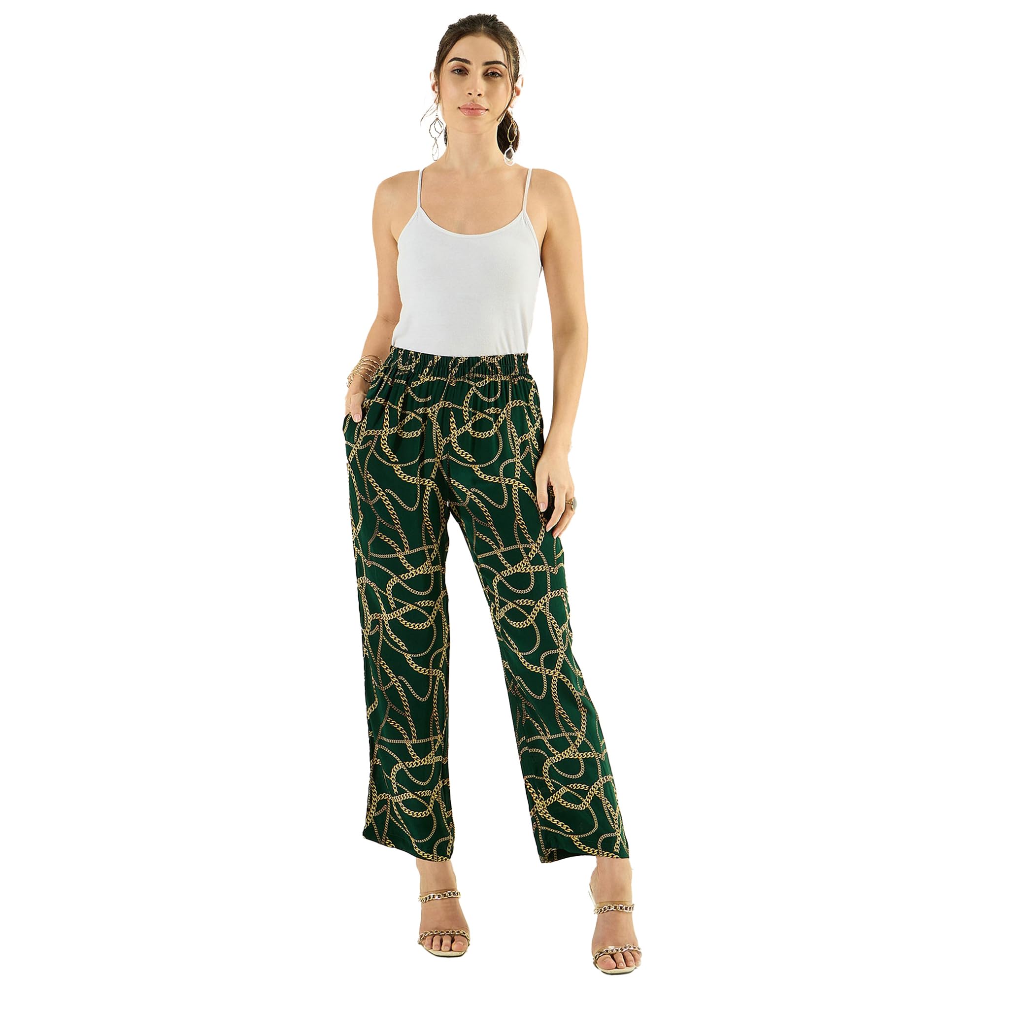 Forest Green Chain Print Pants in Viscose Crepe for Women by Ramola Bachchan-image-11