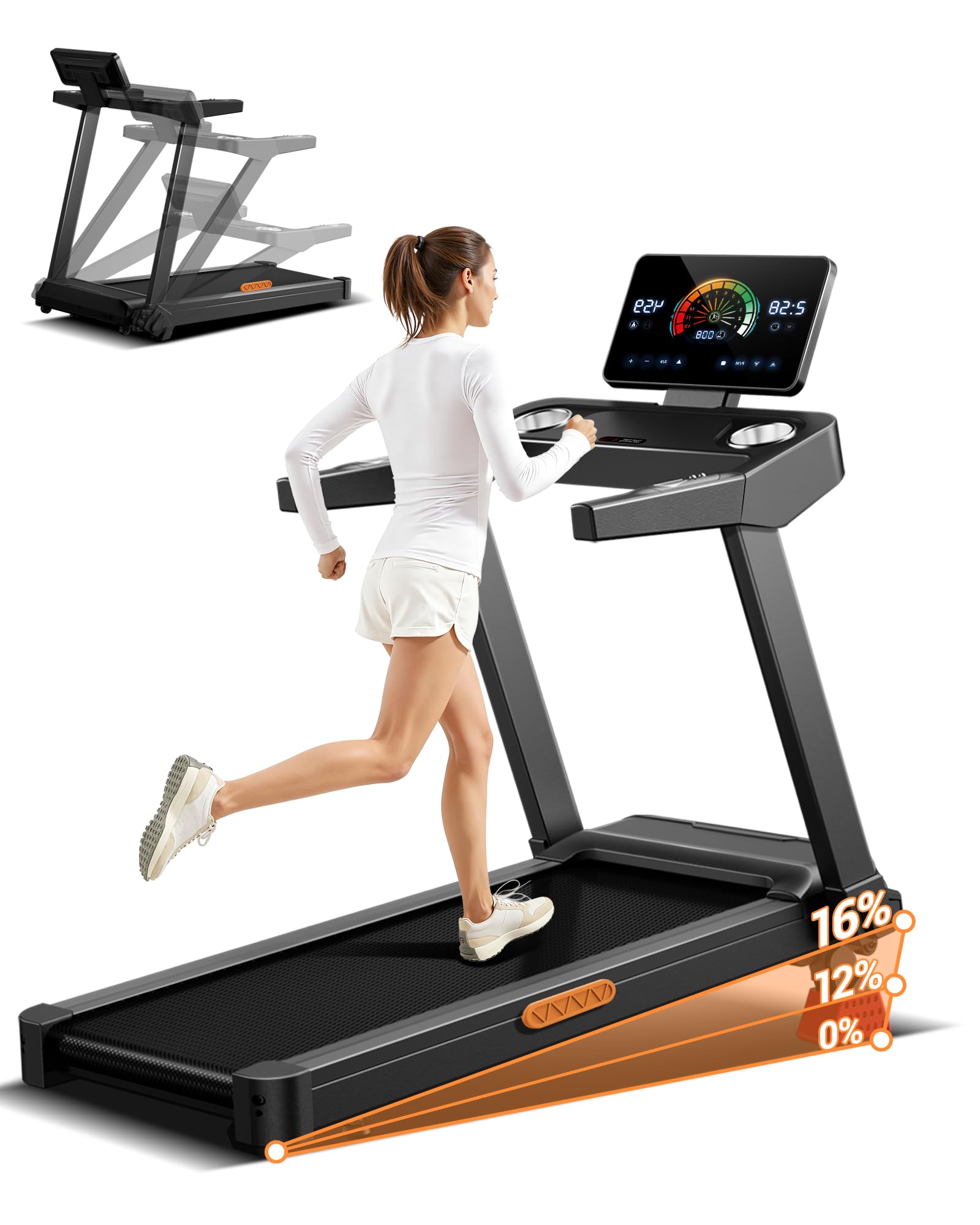 UMAY Laufband für Zuhause mit Steigung 16%, 14KM/H Laufband Klappbar mit Pulsmessung, Treadmill for Home mit leisem 3,5-PS-Motor, LED-Anzeige, Max Belastung 180KG, Leicht
