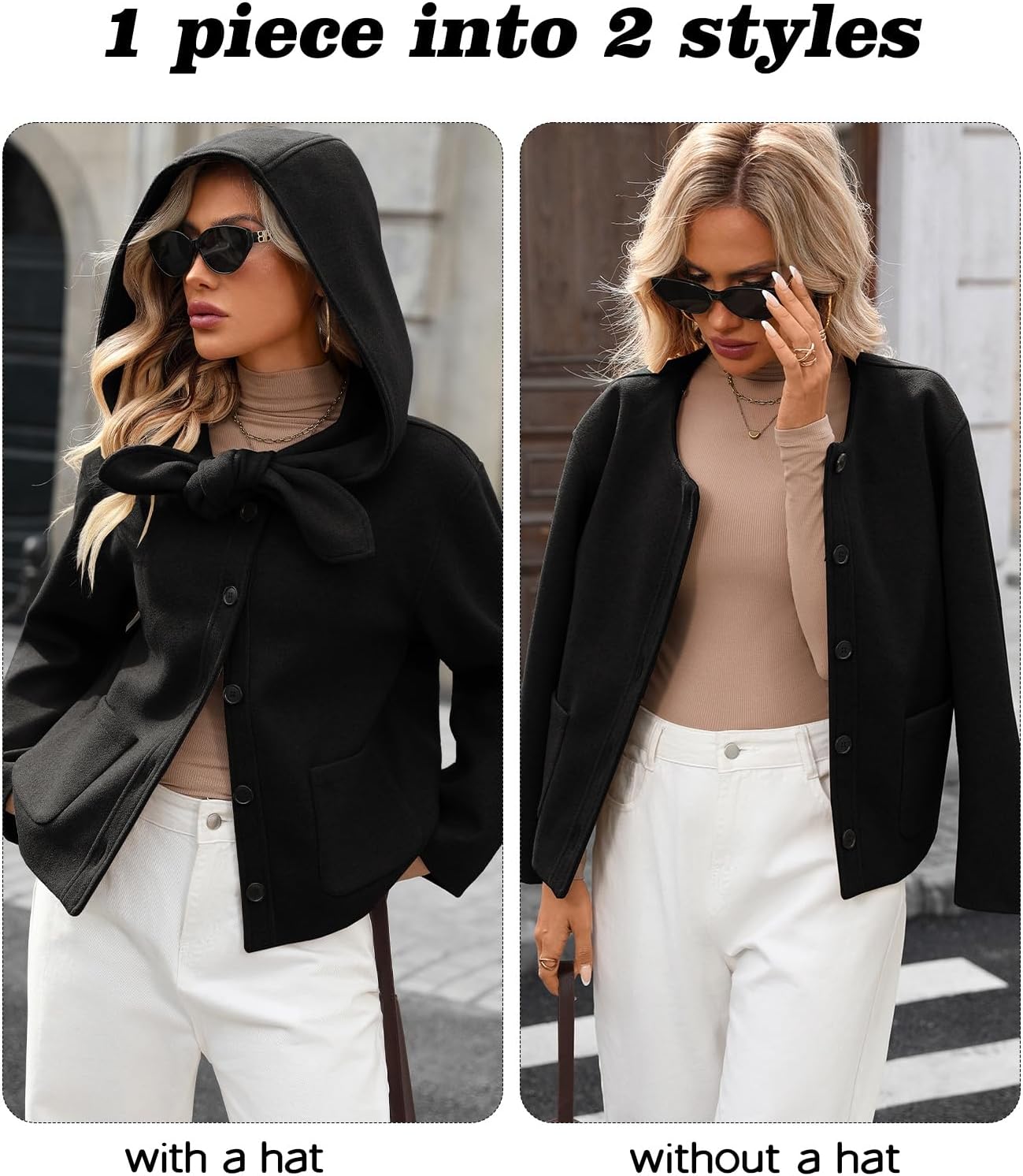 Women Cropped Pea Coat Long Sleeve Button Down Short Wool Peacoat Jacket with Hoodie Outerwear - Image 5