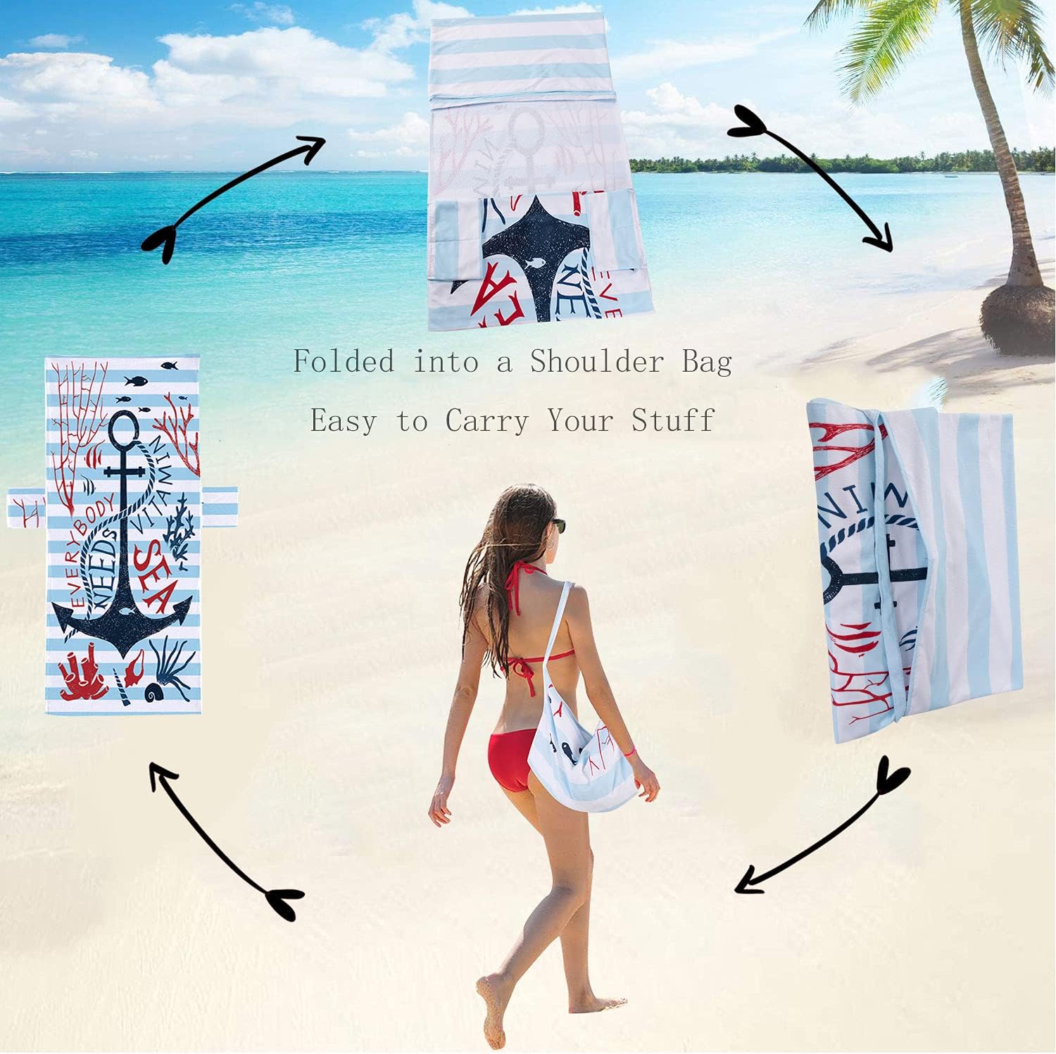 Everybody Needs Vitamin Sea Anchor Beach Chair Cover with Side Pockets Thick and Quick Dry Chaise Lounge Chair Towel Cover for Sun Lounger Pool Sunbathing Garden Beach Hotel, No Sliding