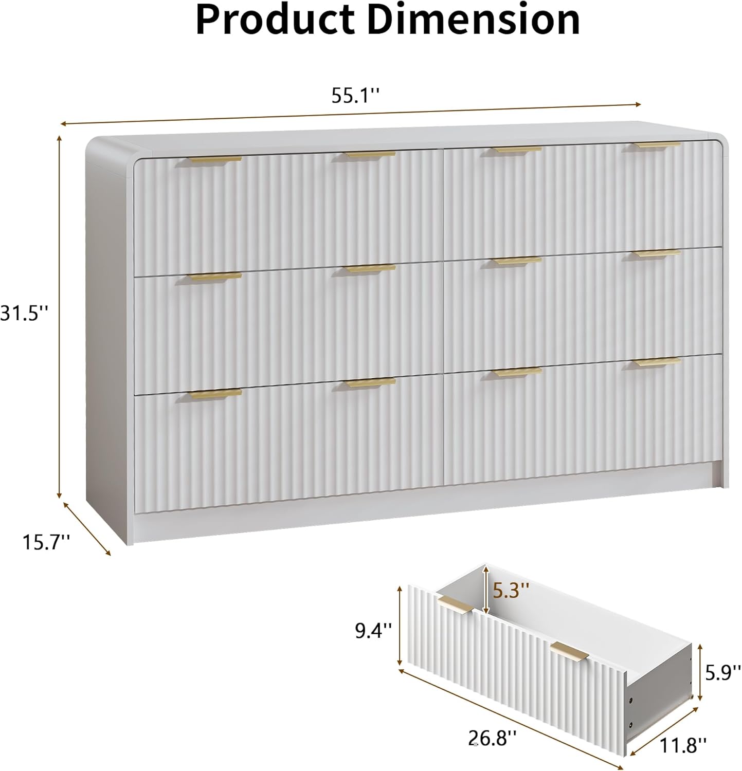 Product dimensions of the HOUROM 6-drawer dresser: 55.1 inches wide, 31.5 inches high, and 15.7 inches deep. Also shows individual drawer dimensions.
