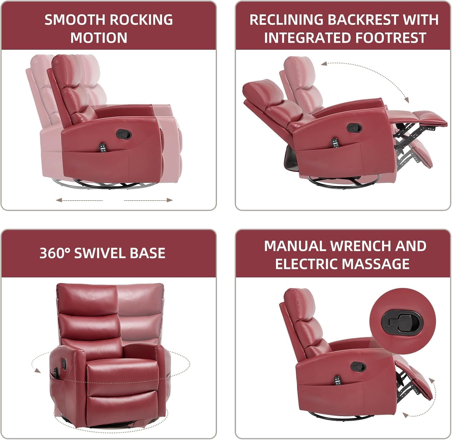 360° Swivel Rocker Recliner Chair with Massage & Heat, High Back Overstuffed Recliner Glider, Upholstered Nursery Rocking Sofa Chair for Living Room Bedroom (Faux Leather Red)