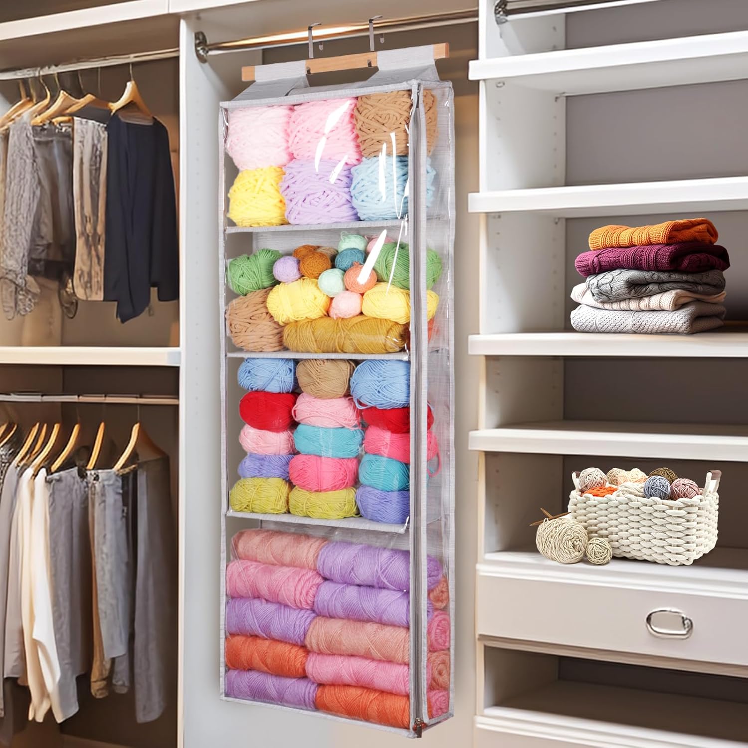 LOVEGRASS Yarn Storage Organizer with 4 Large Pockets, Clear Yarn Organizer and Storage with Zippers for Crochet Lovers, Hanging Yarn Storage with Over-Door Hooks for Knitting Needles Crochet Hooks