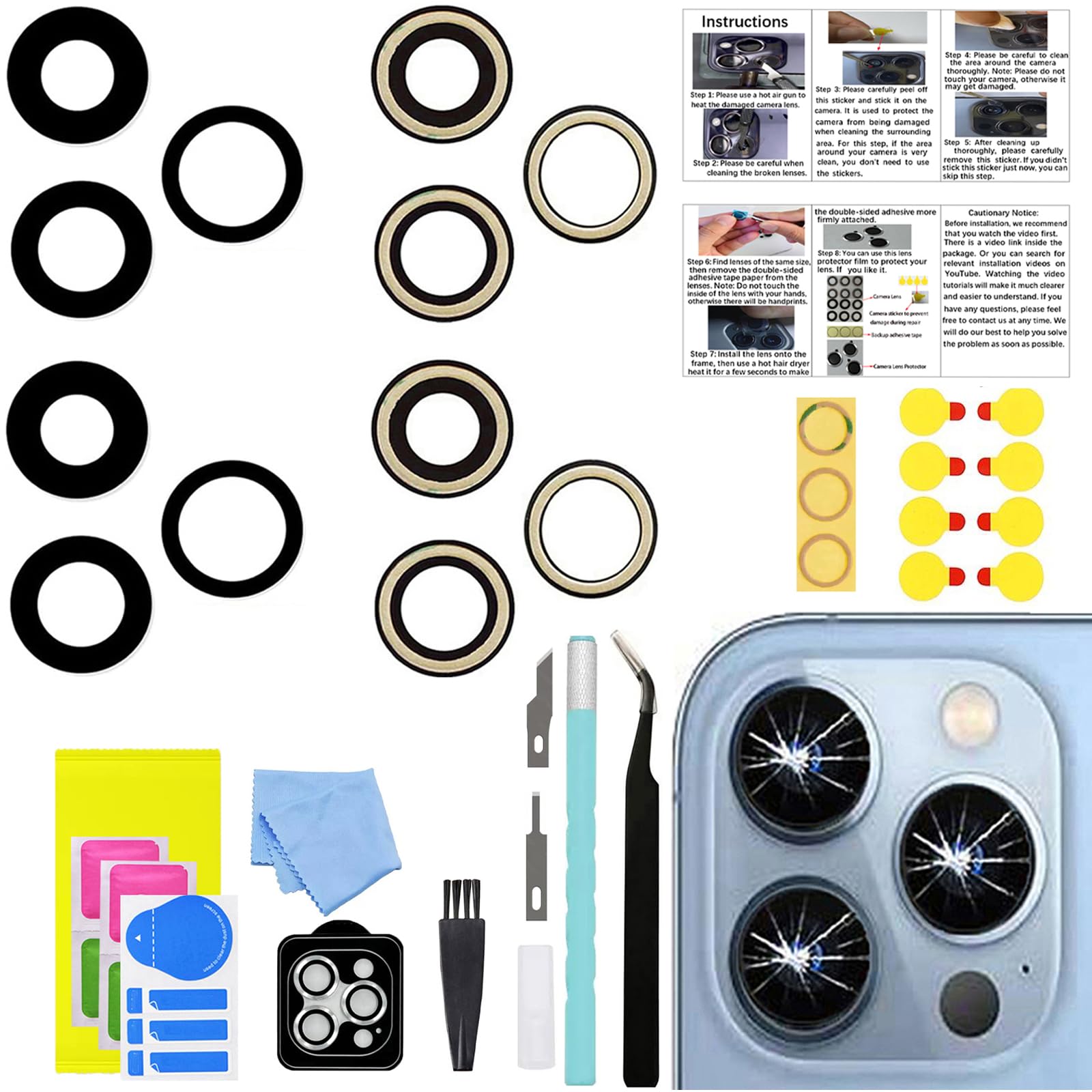 2 Sets LEAFE for iPhone 13 Pro and iPhone 13 Pro Max Camera Lens Replacement, OEM Original Camera Glass Lens with Pre-Installed Adhesive+Repair Tools