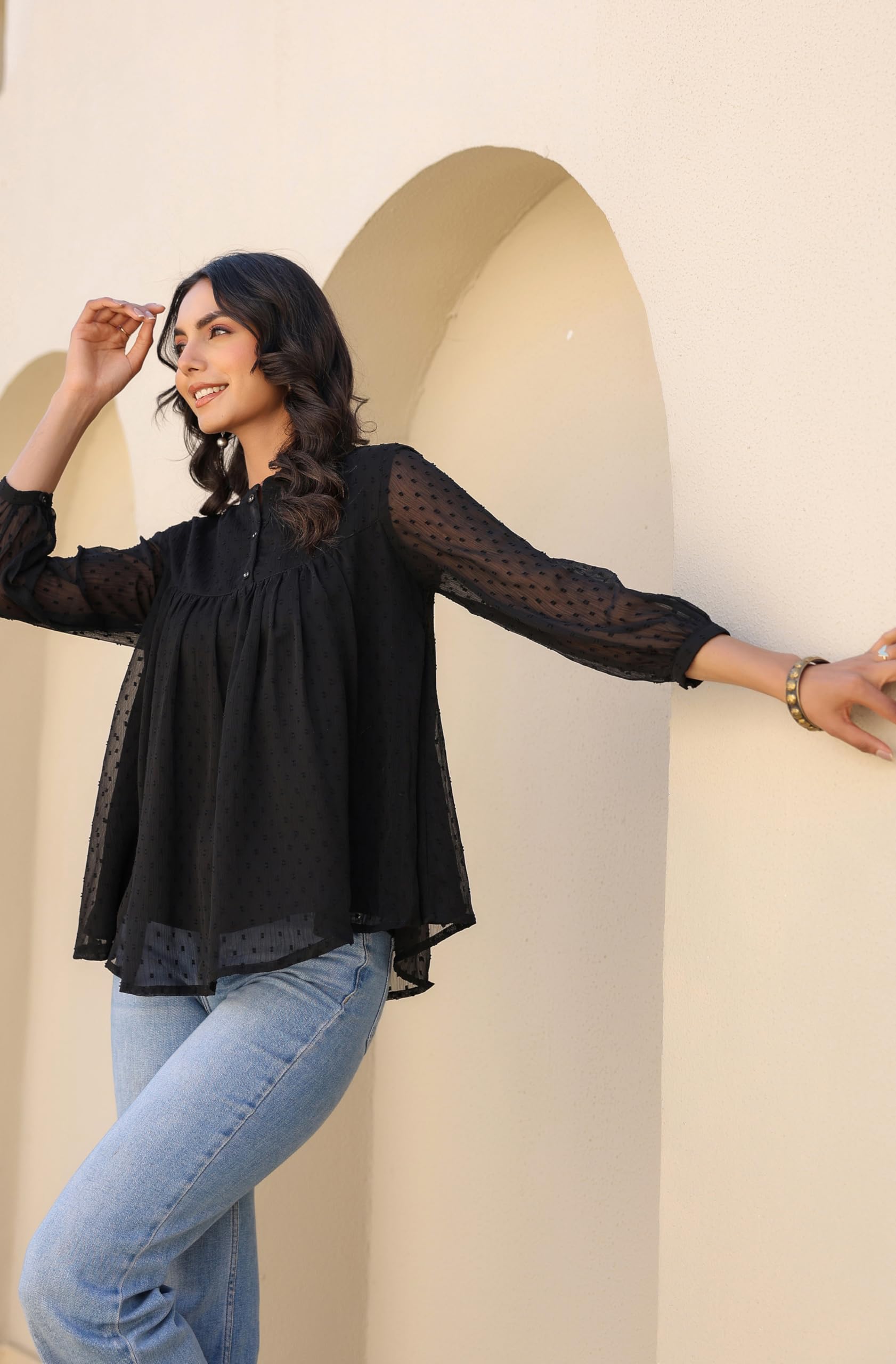 Janasya Women's Dobby Chiffon Solid Empire Top product image 6