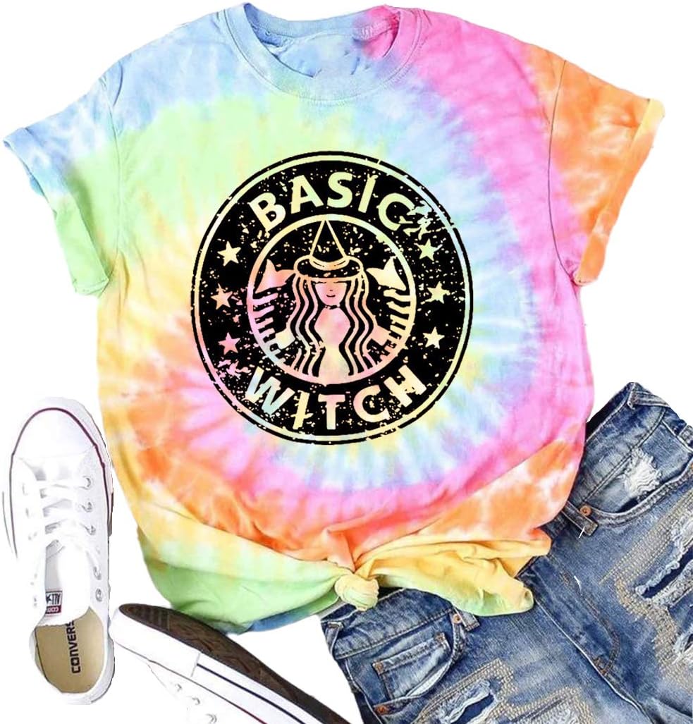KALOXI Women Tie Dye Shirt Basic Witch T-Shirt Funny Tops Graphic Print Halloween Shirts