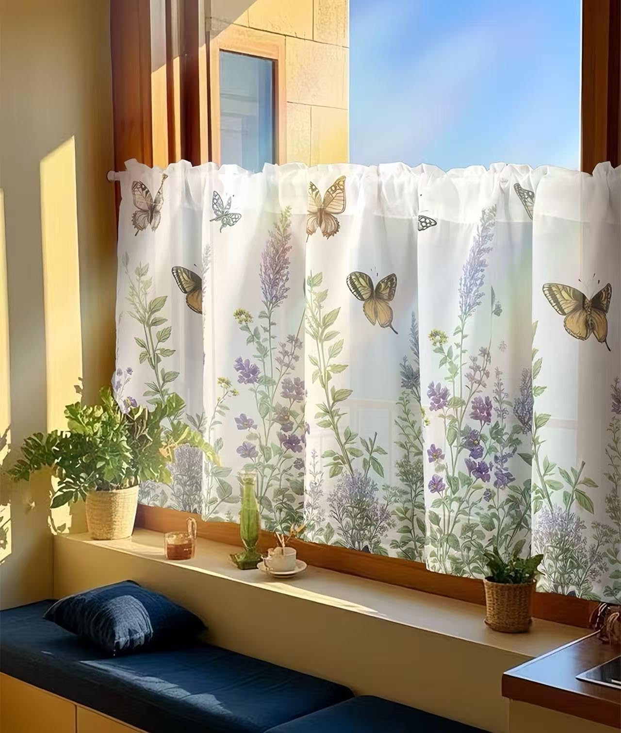 Daliena Cortina corta con flores y mariposas, estilo rústico, cortina de cocina, semitransparente, cortina para ventana con estampado (ancho x alto 130 x 60 cm), color blanco, 1 unidad
