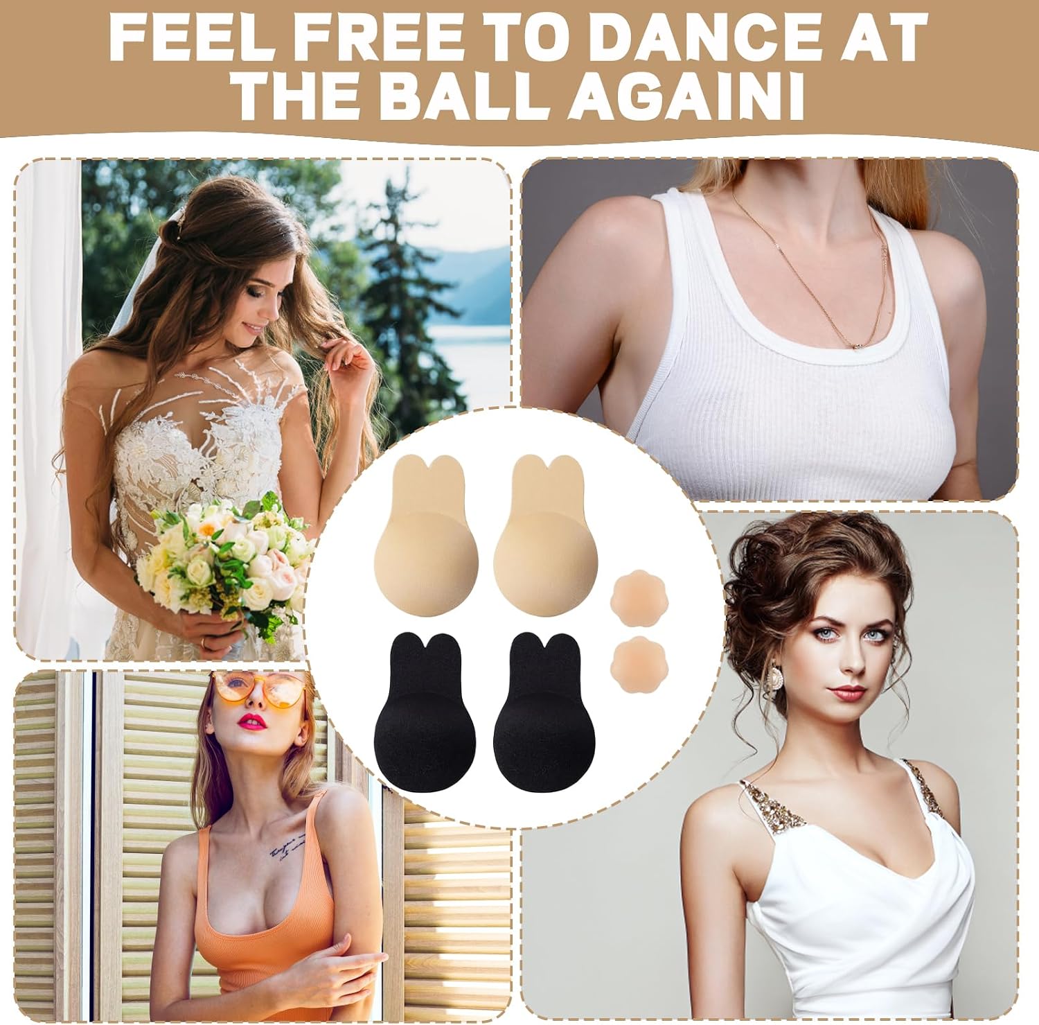 Sticky Bra Push Up, Cakes Sticky Bra, 3 Pcs for Backless Dresses and Formal Events, Adhesive Bra with Rabbit Ears Design Beige