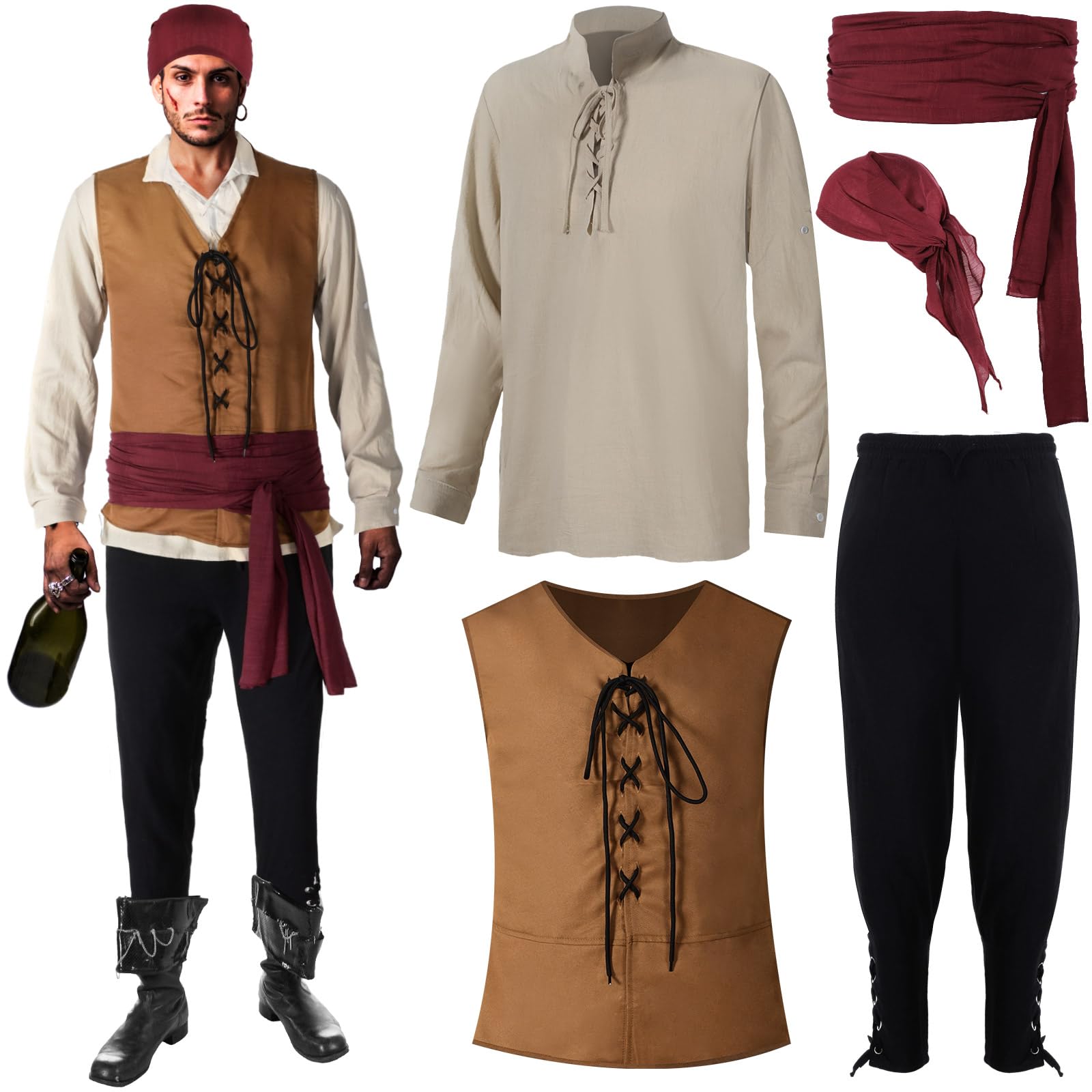 Capoda 5 Pcs Adult Pirate Costume Mens Medieval Viking Shirt Pirate Banded Pants Bandana Belt for Halloween Cosplay Party