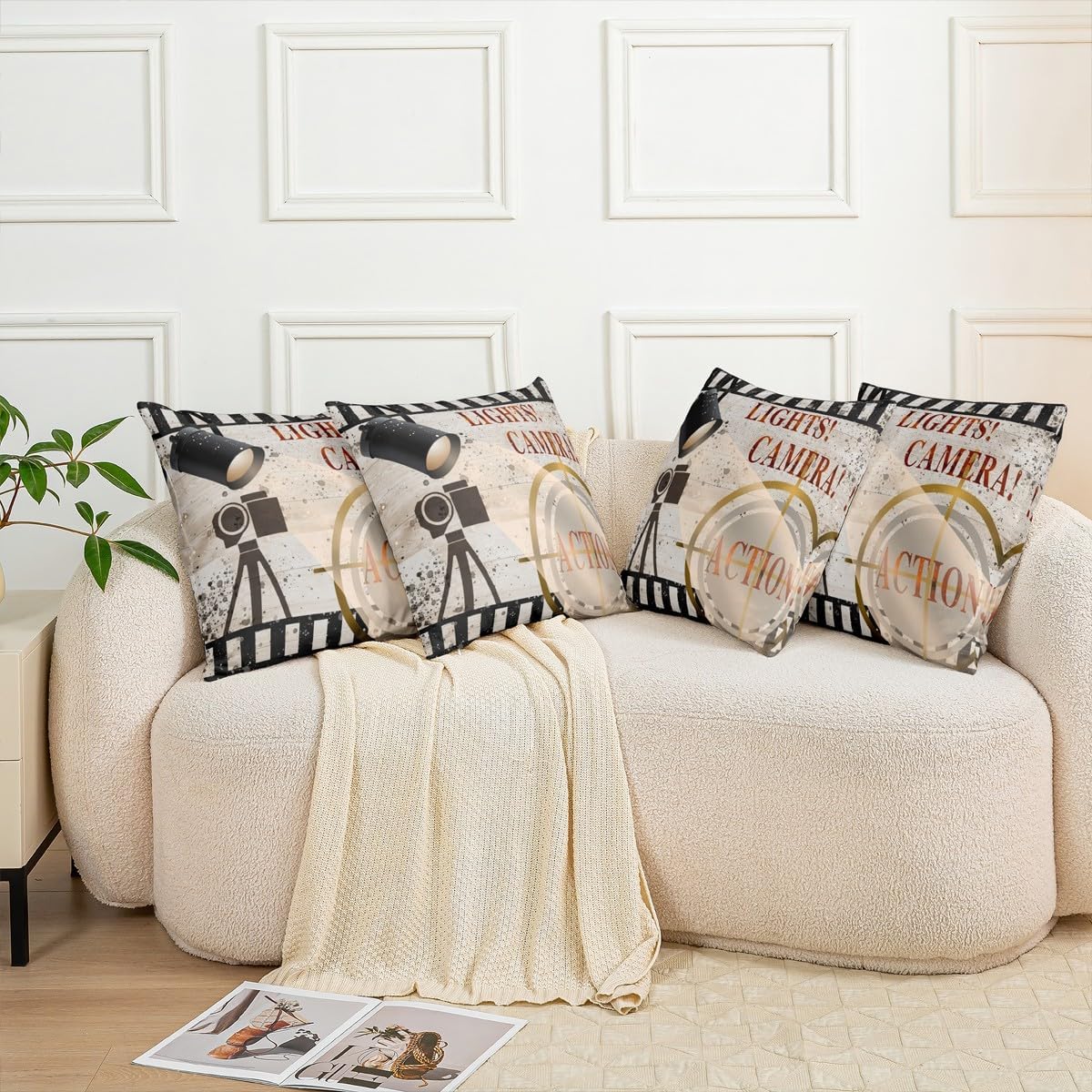 Pack of 2 Movie Theater Theme Decorative Throw Pillow Covers, Soft Cinema Poster Design Square Cushion Case Set for Couch Sofa Bedroom Living Room, Vintage Pillow Cases Pillowcases, 24x24 Inches