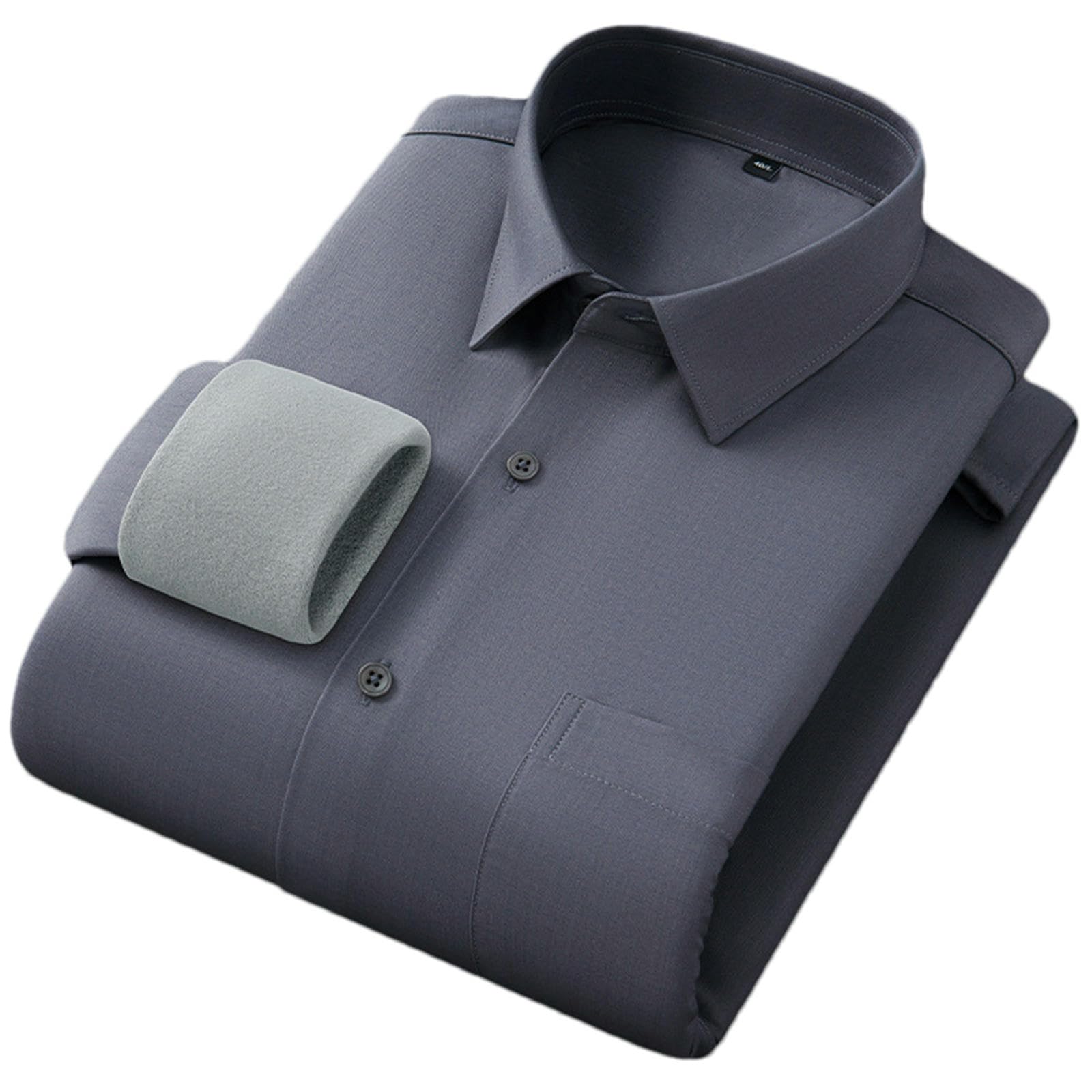 Camicia da uomo foderata in pile senza pieghe, con bottoni, camicia da lavoro con tasca, calda camicia invernale da ufficio