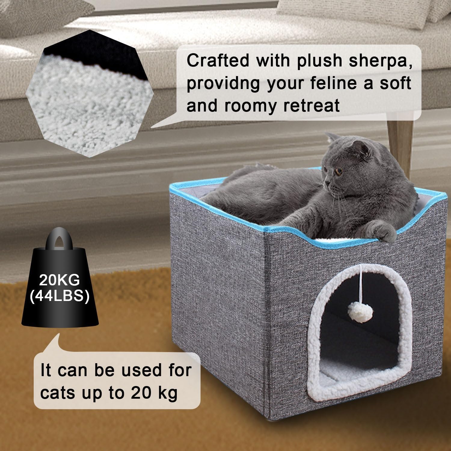 سكاي-تاتش سرير كهف للقطط قابل للطي مع لوح خدش وكرة منفوشة، سرير داخلي للقطط والحيوانات الاليفة الصغيرة، رمادي - امن على الحيوانات الاليفة، متين، 41 × 41 × 35 سم