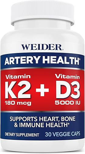 Weider Salud arterial para el corazón, el sistema inmunológico y el apoyo óseo con vitamina K2 (180 mcg) y vitamina D3 (5000iu), 30 cápsulas