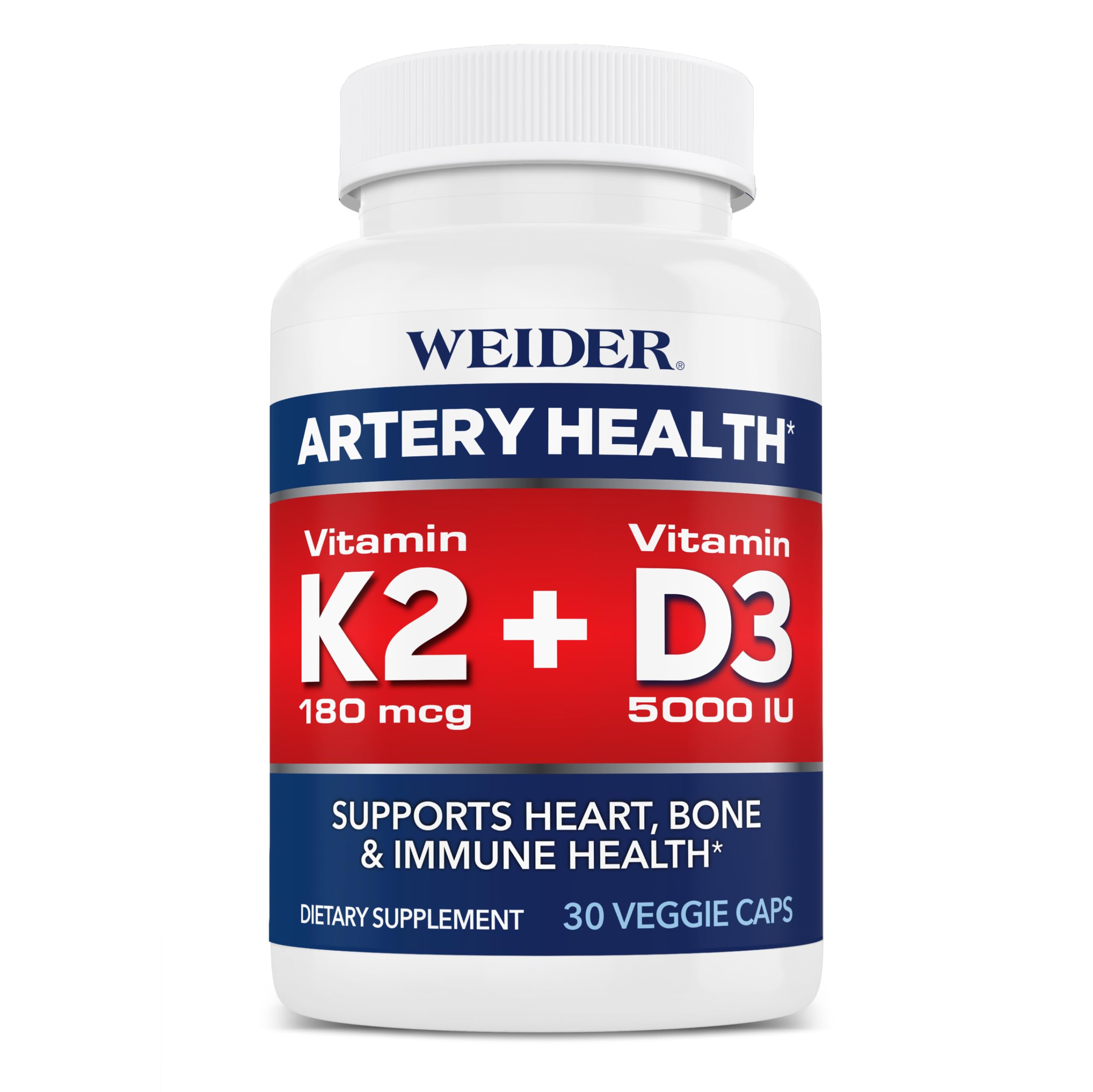 Weider Artery Health for Heart, Immune and Bone Support with Vitamin K2 (180mcg) & Vitamin D3 (5000iu), 30 Veggie Capsules