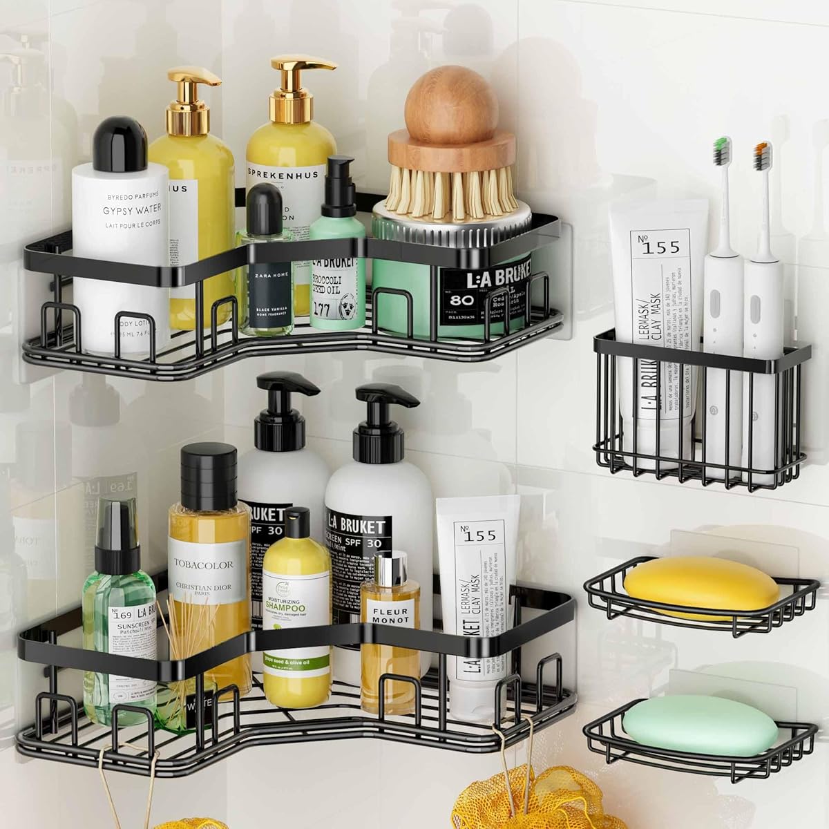 MAXIFFE 5 Pack X-Large Corner Shower Caddy, with Soap Holder and Toothbrush Holder, Large Capacity No Drilling Stainless Steel Hold 40 LB Shower Organizer Shelf Rack for Family Renter Bathroom, Black