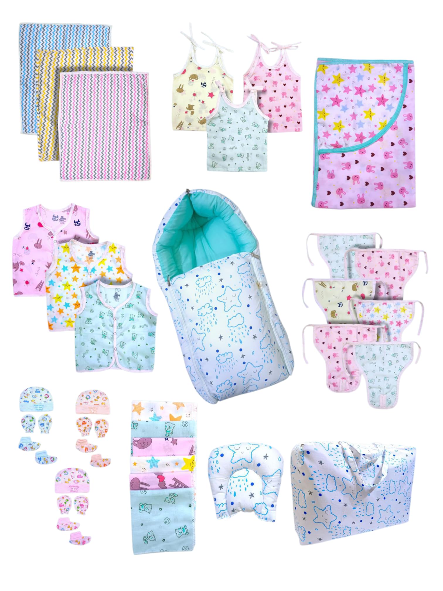 34 Items Hospital Bag Maternity Kit for Newborn Baby | Premium Mulmul Cotton Baby Gift Set | Hospital Essentials with Carry Nest, Jhablas, Nappies, Blanket, Cap, Mittens, Booties & Mother Bag | Unisex | Welcome your little one with the Baby Toes 34 Items Hospital Bag Maternity Kit,