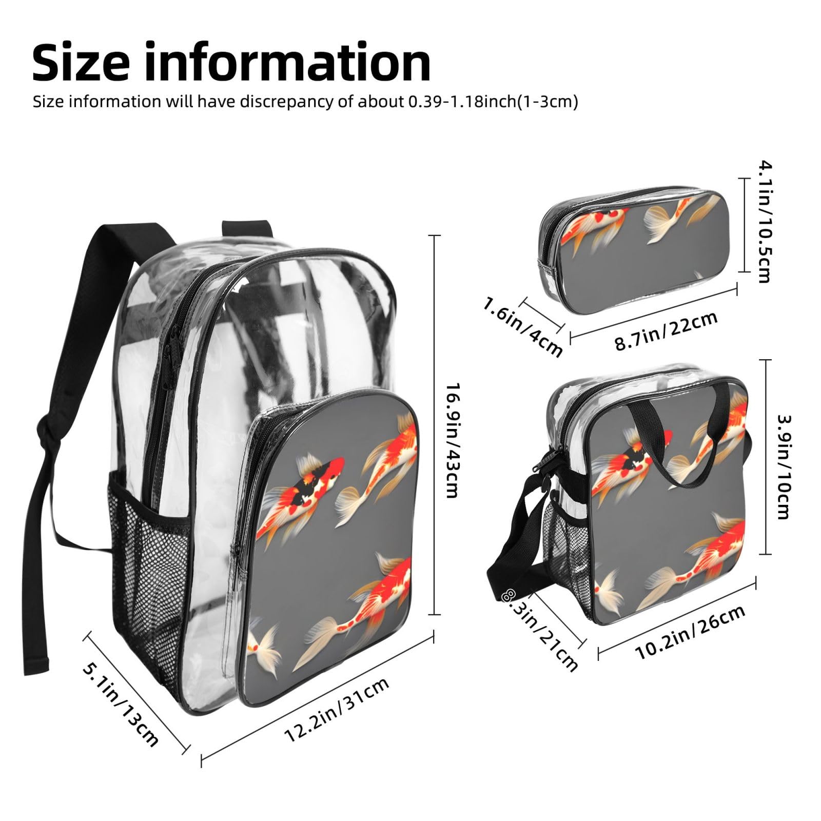 Carpes koï traditionnelles avec imprimé pois Unisexe Sac à dos transparent pour l'école, les voyages, l'extérieur, sac à déjeuner transparent 3 pièces