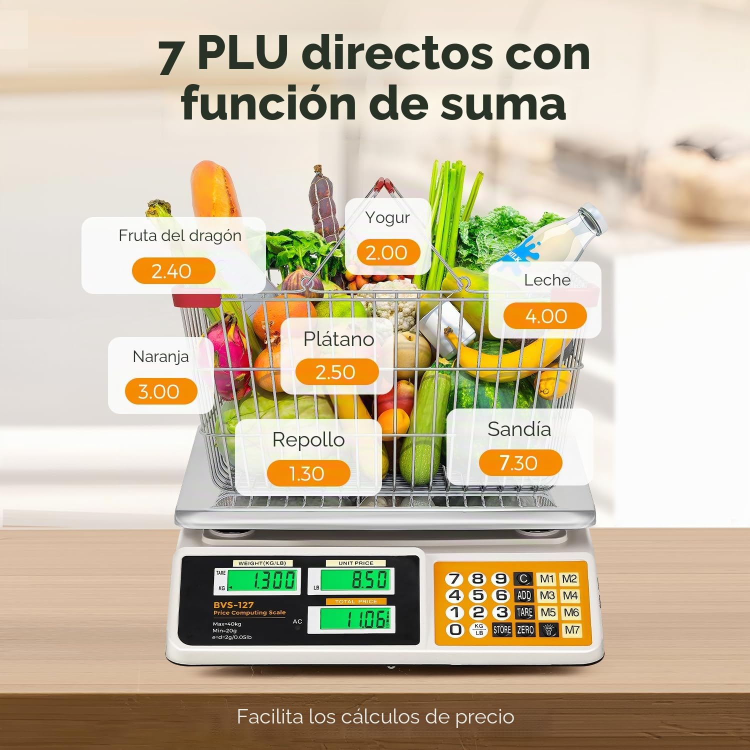 Bonvoisin Báscula de Cocina Comercial 40kg/2g, Báscula Digital con Contaje y 7 Memorias PLU, Doble Pantalla LCD, Tara, Recargable, Plataforma Acero Inoxidable, Uso Profesional en Panadería y Comercio